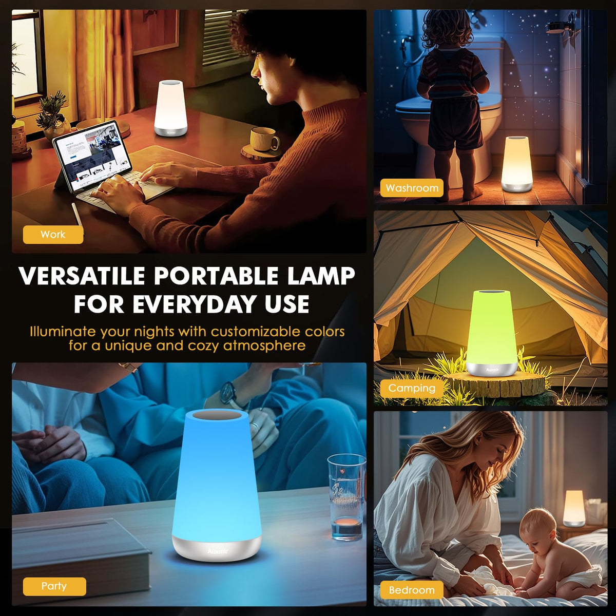 Auxmir Night Light 2 Pack, LED Touch Bedside Table Lamp, 2500mAh Rechargeable Light with RGB Color Changing, Portable Lamp for Children, Kids, Bedroom, Living Room, Camping