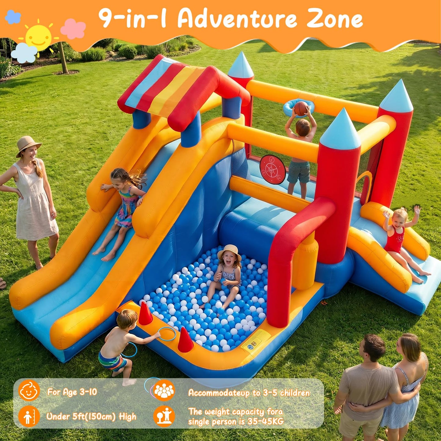 Bouncy Castle with Slide for Children: Inflatable Bounce House 9 in 1 - Kids Trampoline with Basketball Hoop & Climbing Wall, Indoor Outdoor Play Centre with Air Blower for Birthday Party Garden