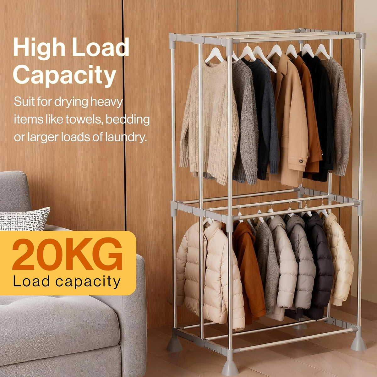 Electric Clothes Dryer with Sock Clip, 2-Tier Foldable Heated Clothes Airer with Cover,20KG Large Capacity Warm Air Drying Wardrobe,1500W Heated Clothes Airer,Energy-Efficient Clothes Drying Rack