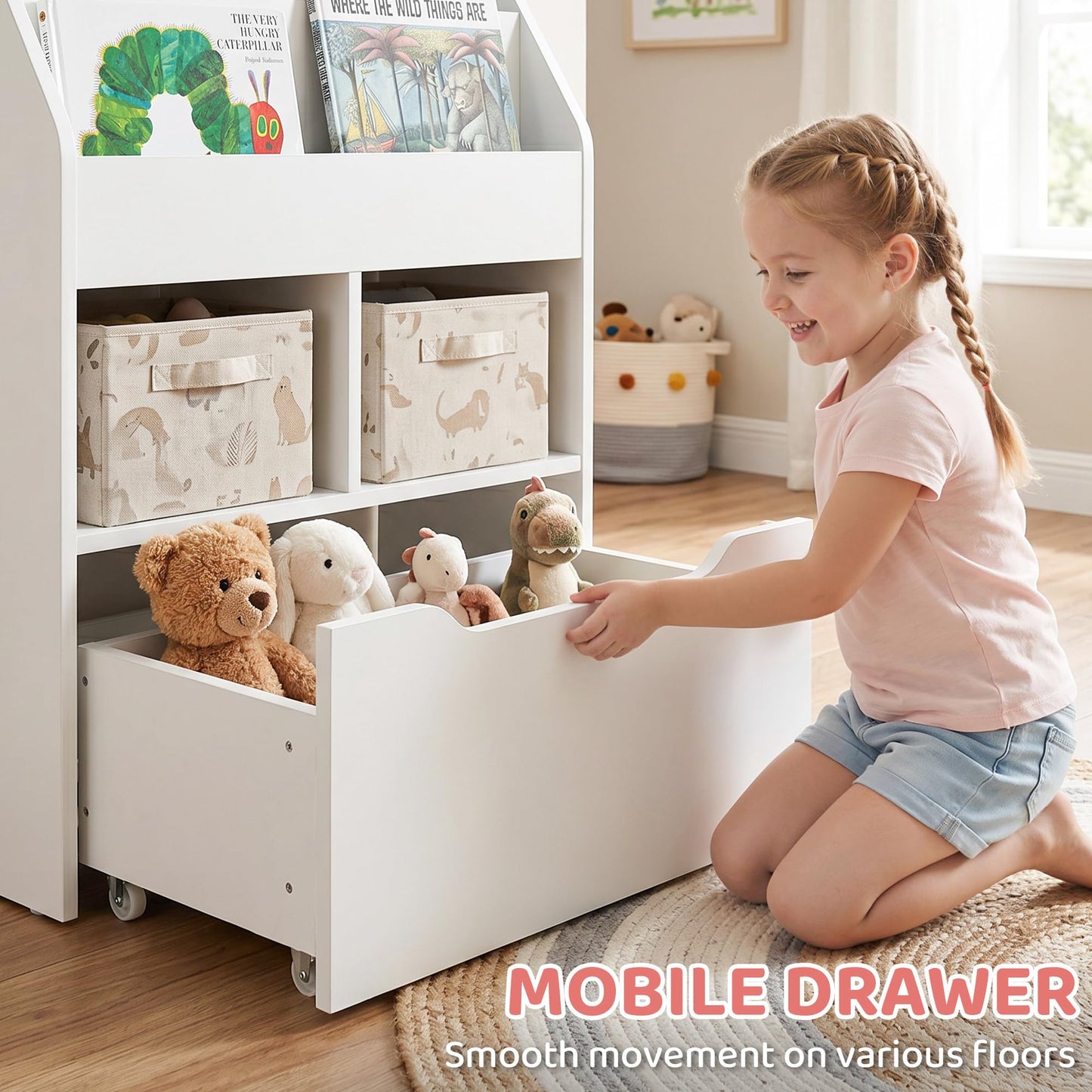 HOMCOM Kids Bookshelf with Moveable Drawer, Montessori-Inspired Children's Bookcase with Wheels, Toy Organiser for Bedroom, Playroom - White
