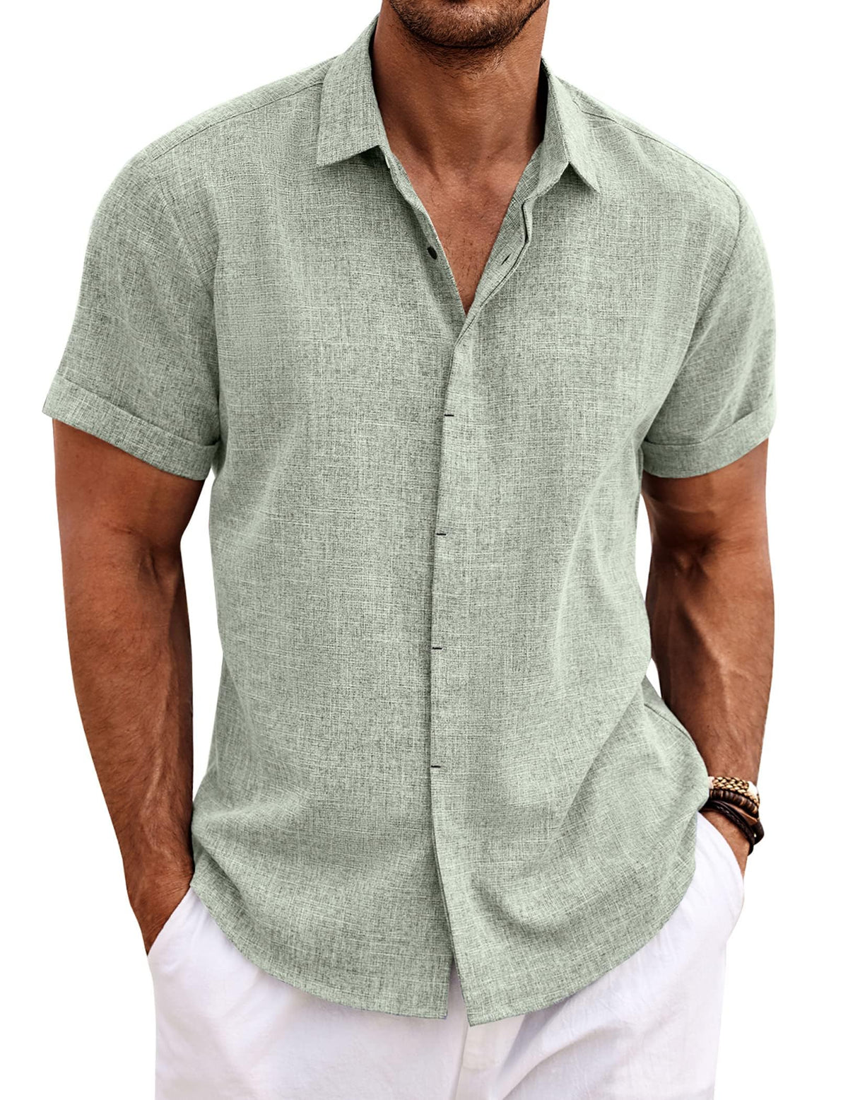 COOFANDY Mens Linen Shirts Short Sleeved Summer Regular Fit Button Down Hawaiian Holiday Tops