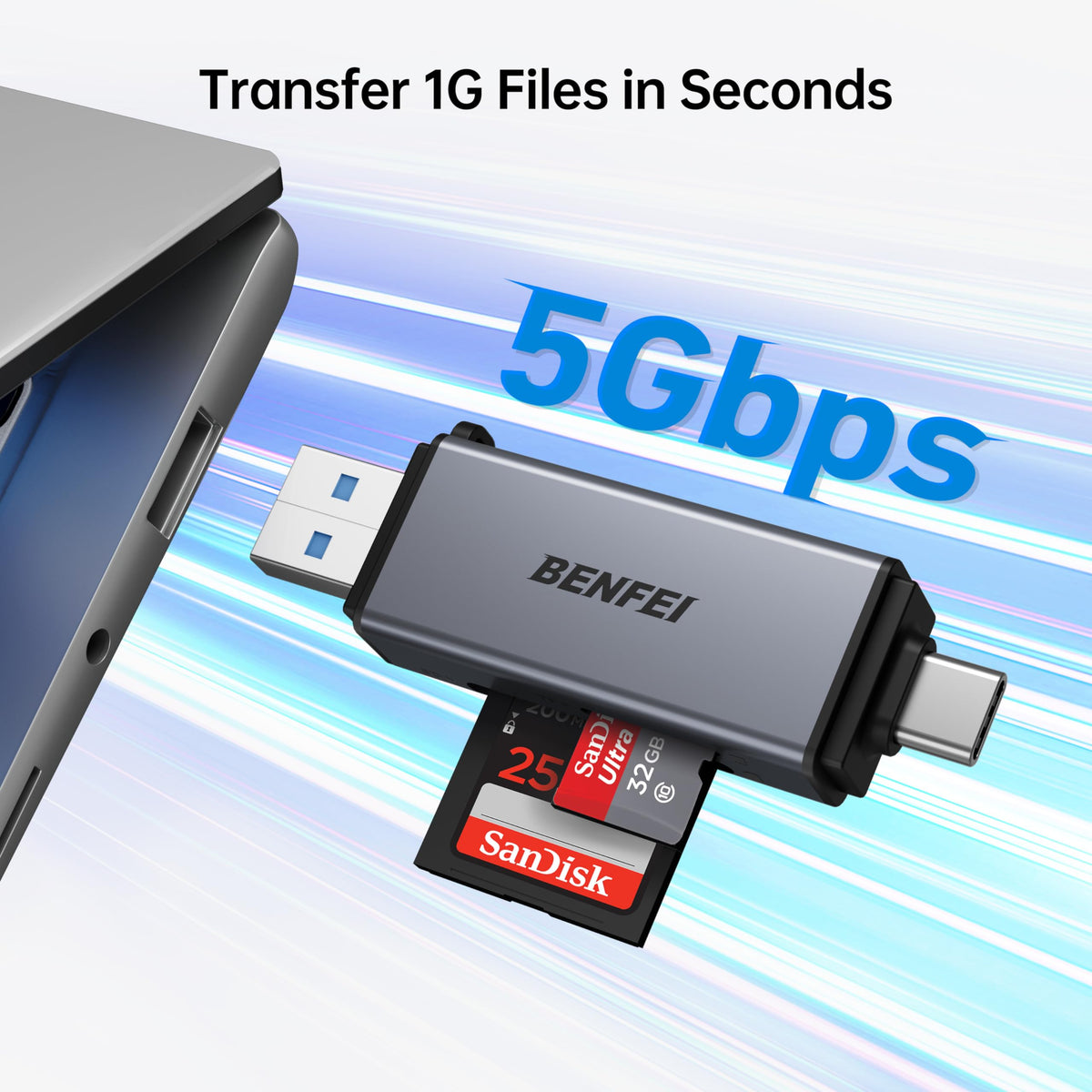 Memory Card Reader, BENFEI 4in1 USB 3.0 and USB-C to SD Micro SD MS CF Card Reader Adapter, 4 Cards Simultaneously Read and Write, Compatible with iPhone 15 series, MacBook Pro/Air 2023, and More