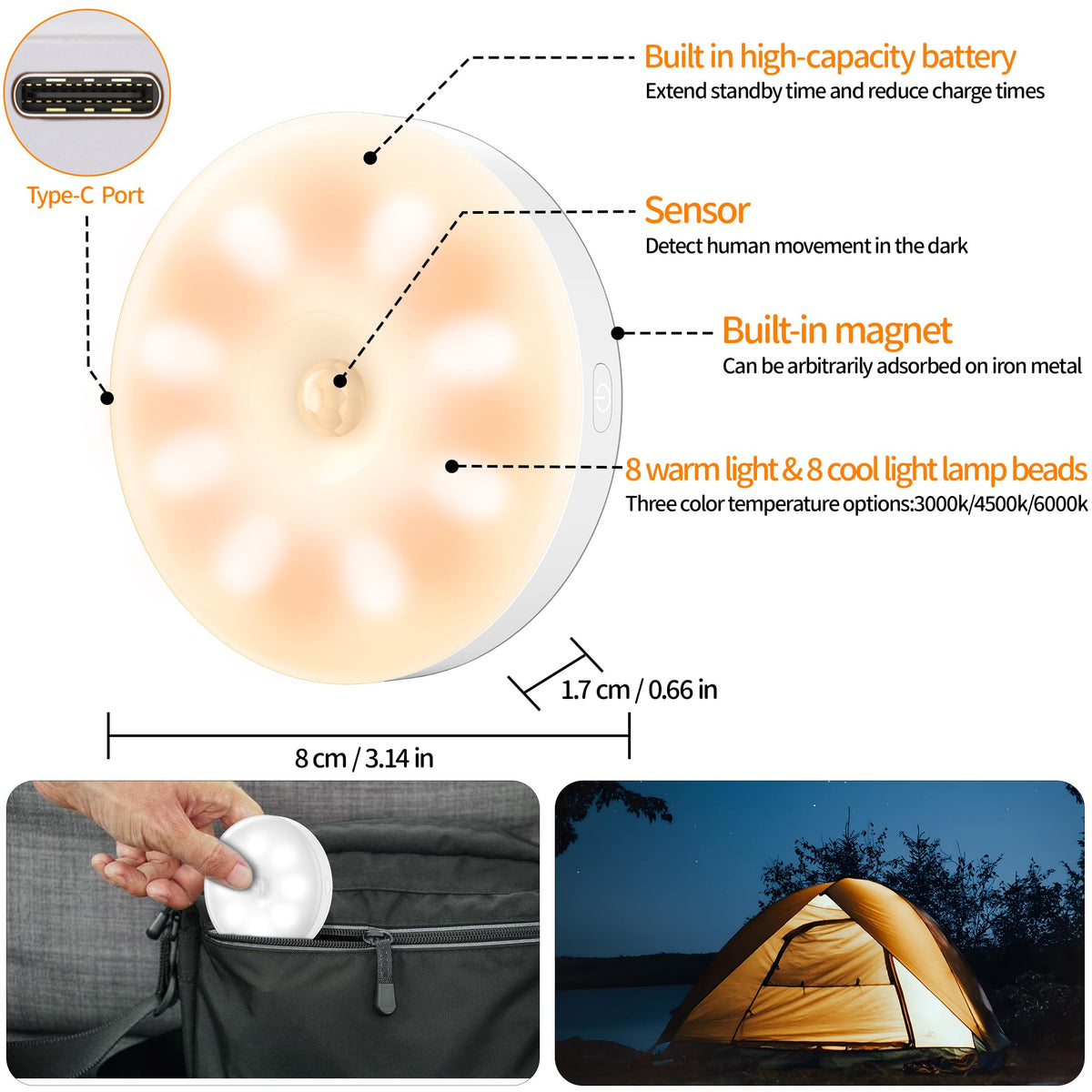daphomeu 6 Pcs Motion Sensor Lights Indoor USB Rechargeable