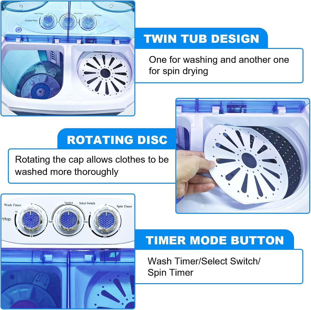 Display4top Electric Mini Portable Compact 3.6KG Capacity Washer Washing Machine Spin Dryer Laundry(Blue)