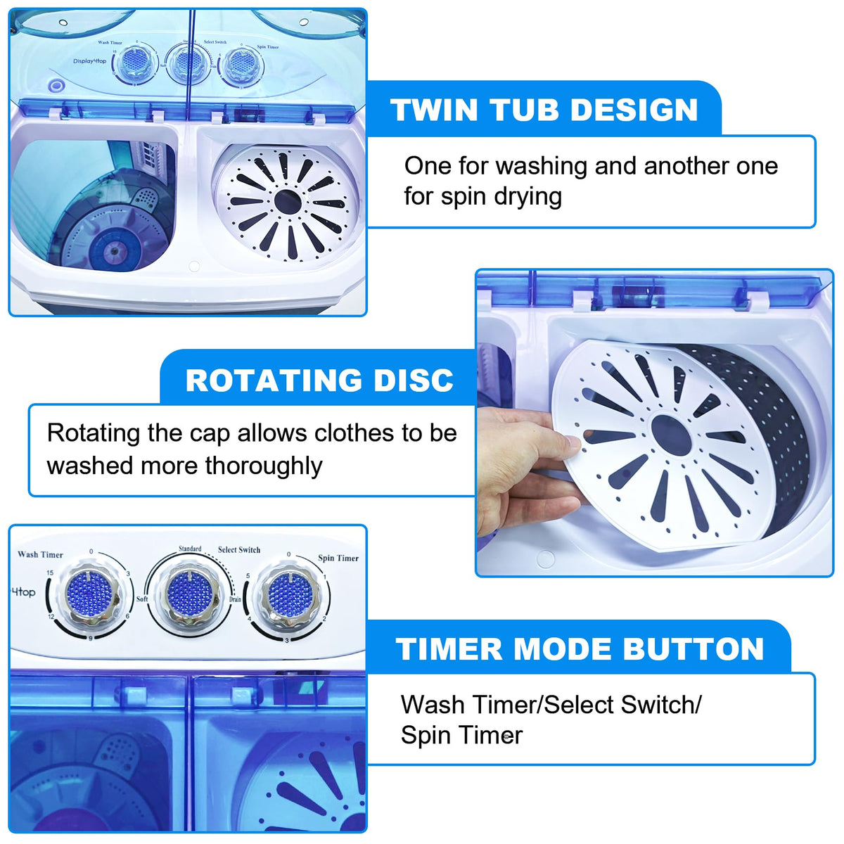Display4top Electric Mini Portable Compact 3.6KG Capacity Washer Washing Machine Spin Dryer Laundry(Blue)