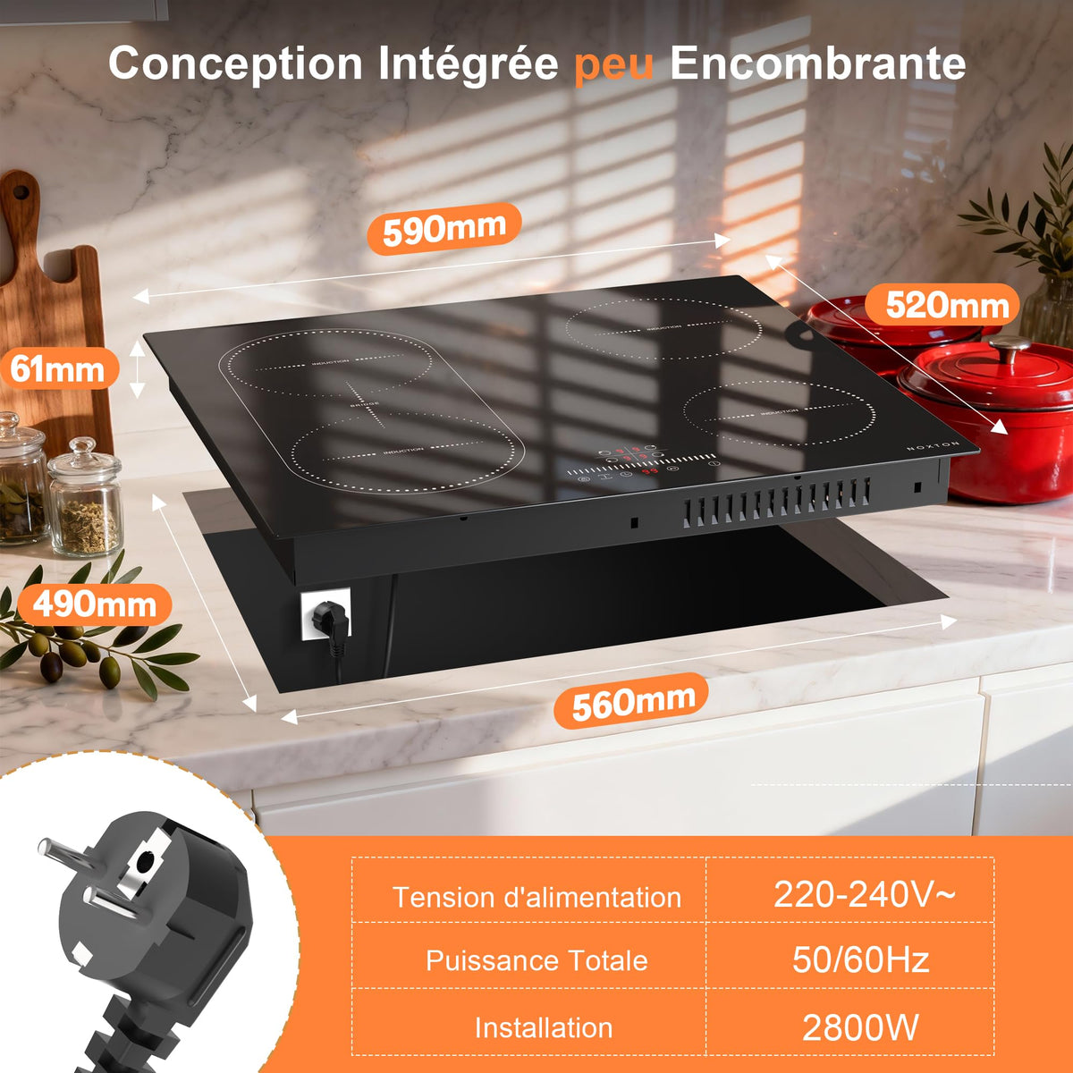 Noxton Plug in Induction Hob, 4 Zones Electric Hob 60cm, Touch Control with Child Safety Lock,UP to 99 Min Timer Black Crystal Glass