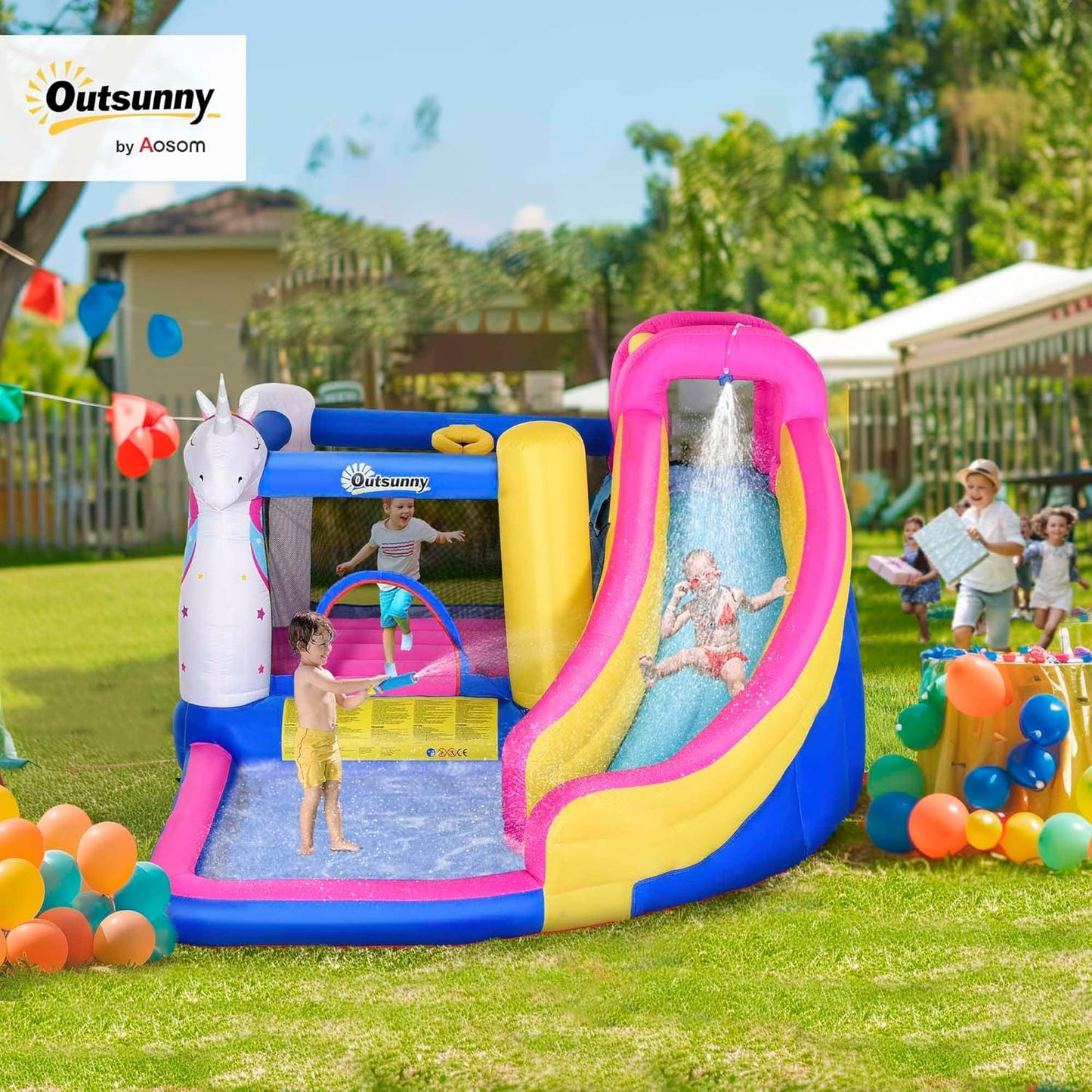 Outsunny 5-in-1 Unicorn Inflatable Bouncy Castle with Slide, Pool & Climbing Wall — Ages 3-8