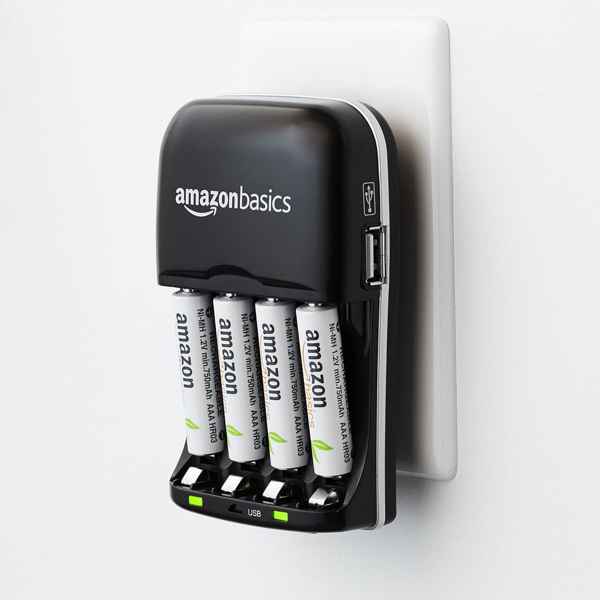 Amazon Basics 4 Slot Ni-MH AA & AAA Battery Charger With Indicator LEDs, With USB Port, Black