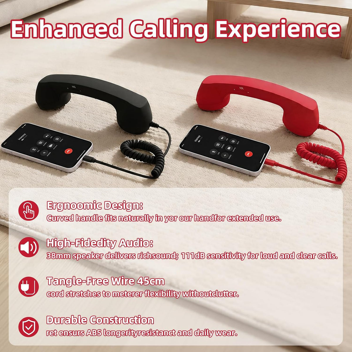 Retro Phone Handset for iPhone & Android, 2026 New Type-C Wired Receiver with Microphone & Speaker (2Pcs(Black and Red))