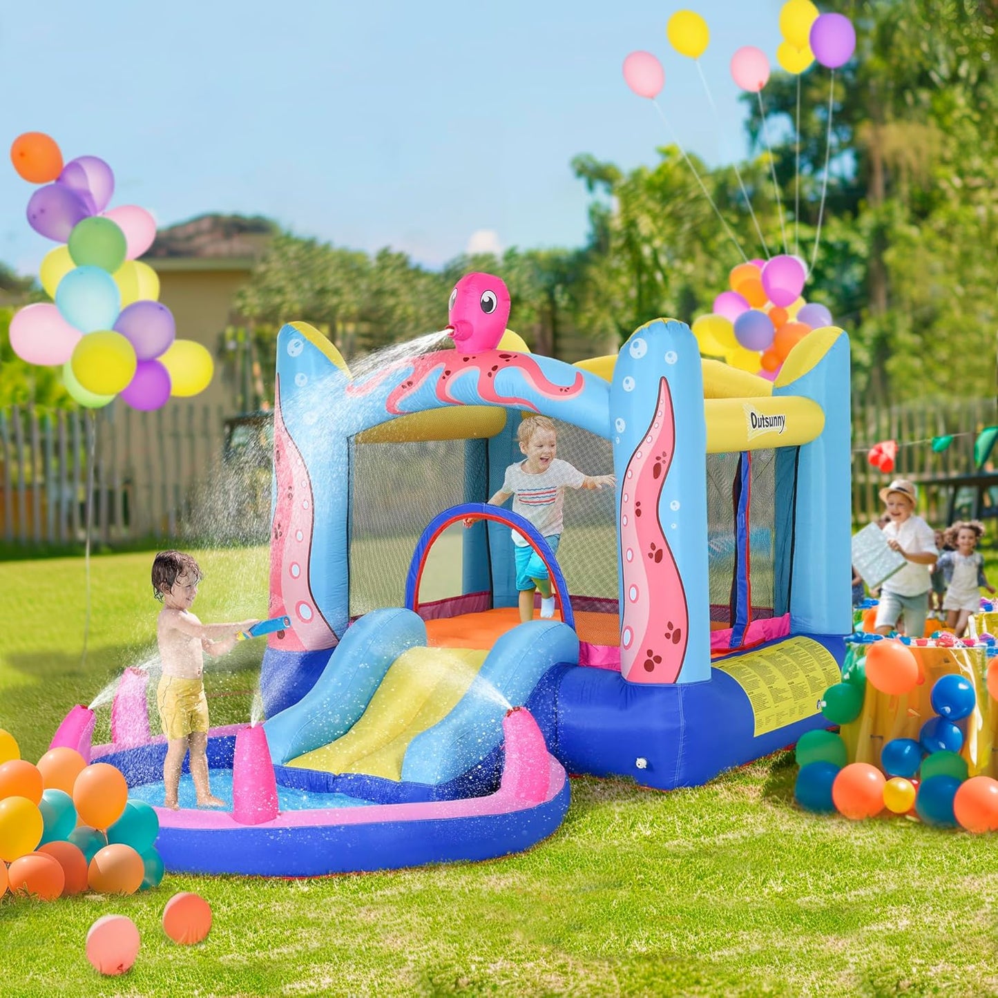 Outsunny 3-in-1 Octopus Inflatable Bouncy Castle with Water Slide, Pool & Sprayers — Ages 3-8