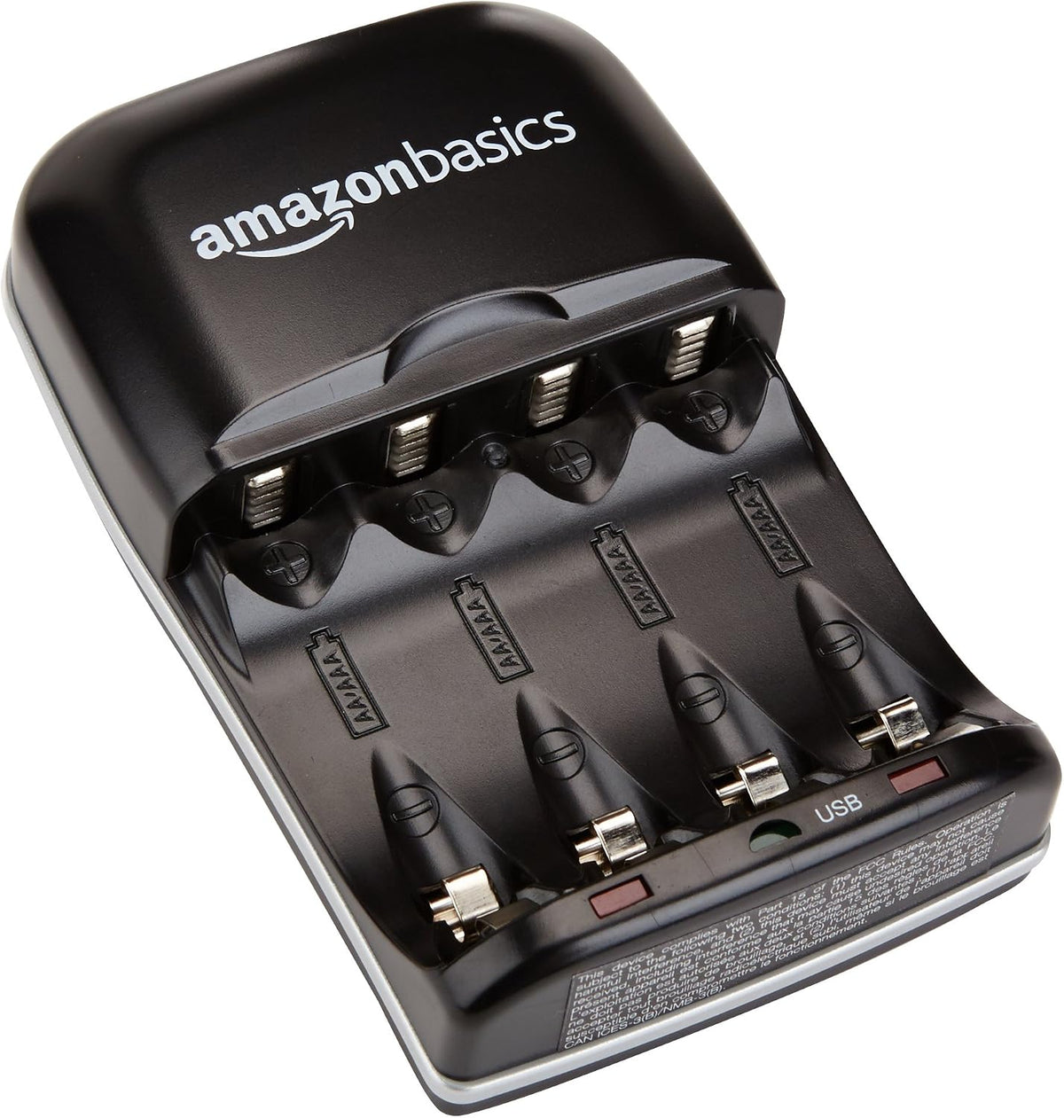 Amazon Basics 4 Slot Ni-MH AA & AAA Battery Charger With Indicator LEDs, With USB Port, Black