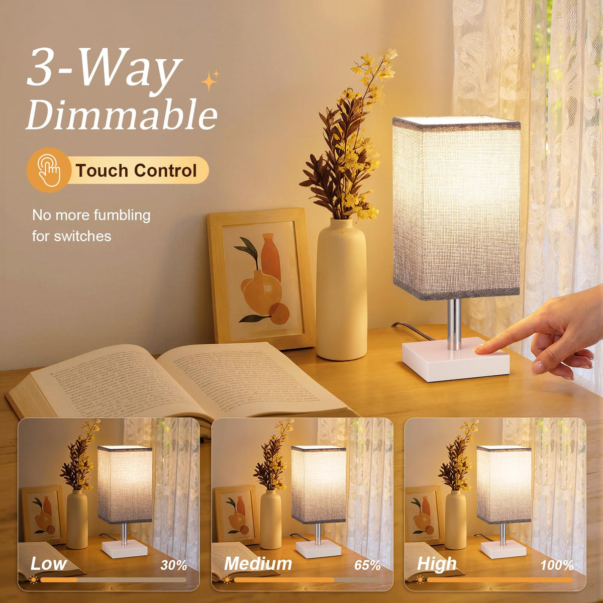 White Table Lamp for Bedroom, Small Bed Lamp with for Bedroom, Silver Base(Bulb Included)