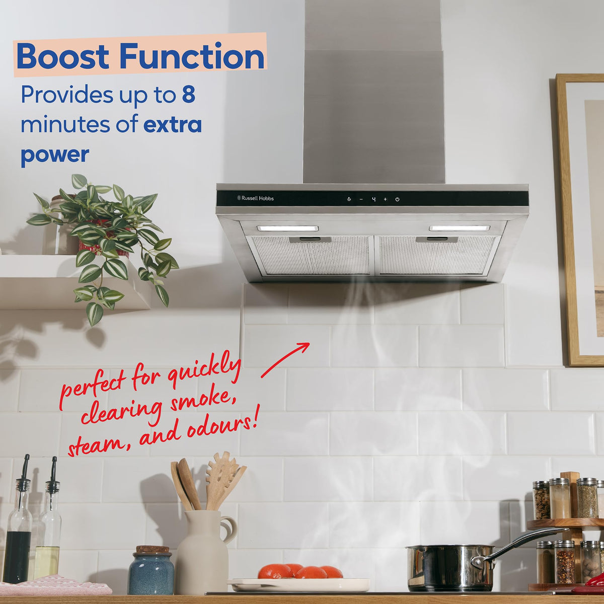 Russell Hobbs 90cm T-Shaped Cooker Hood in Stainless Steel with 3 Speed Settings, 3x Washable Aluminium Filters, Extraction or Recirculation, Boost Function, LED Lights A++ Energy Rating, RHGCH903SS