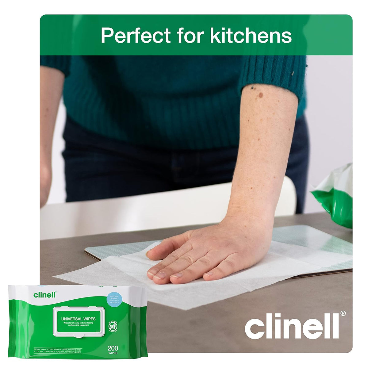Clinell Universal Cleaning and Disinfectant Wipes - Pack of 6, 1200 Wipes - Multi Surface, Kills 99.99% of Germs, Quick Action, Green, Pleasant Fragrance