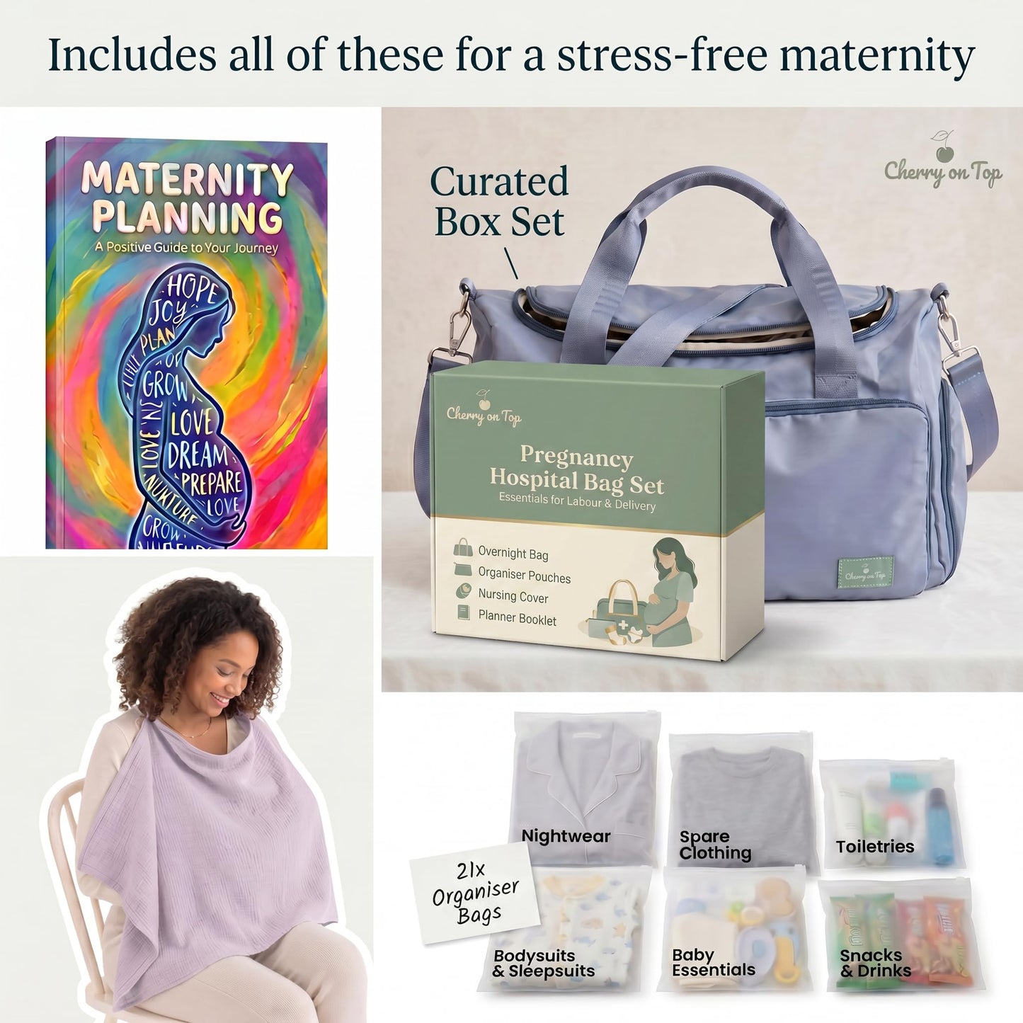 Pregnancy Bag For Hospital - Complete Labour And Delivery Set With Hospital Bag, 21 Organiser Pouches, Planner Book & Nursing Shawl - Premium Expectant Mum Hamper & Baby Shower Set, Grey