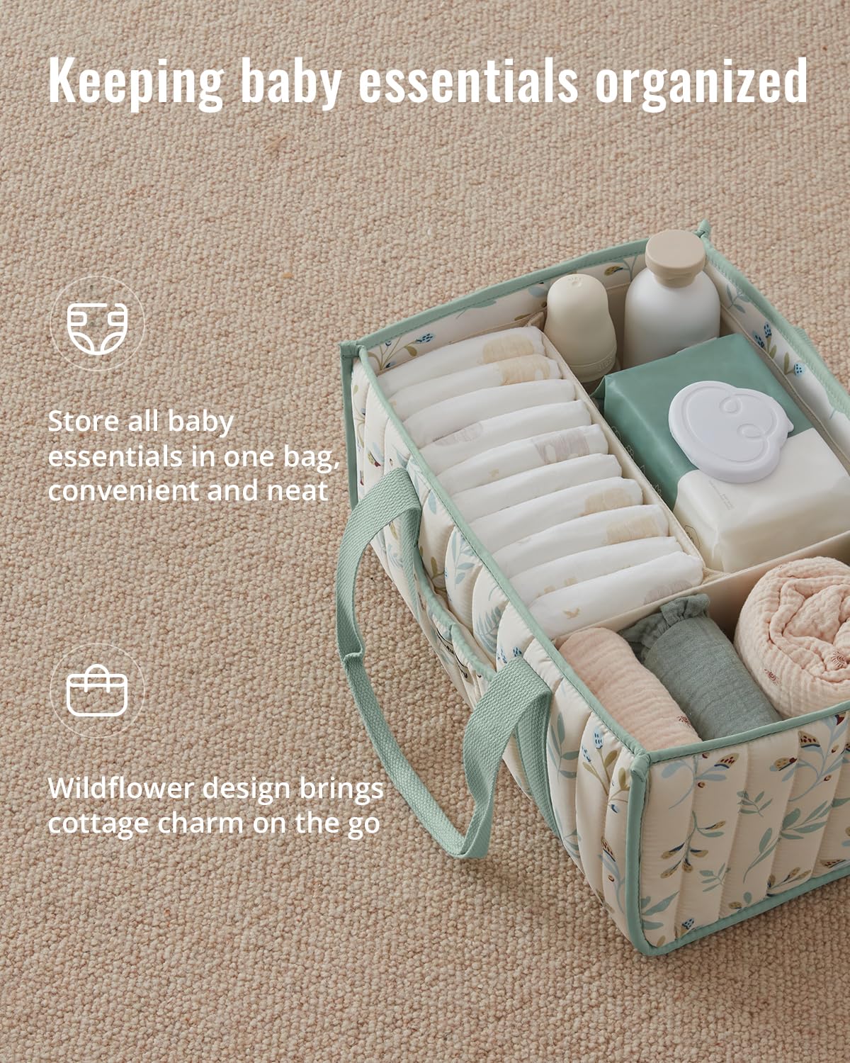 Blissful Diary Nappy Caddy Organiser, Baby Diaper Caddy for Nappy Station, Stylish Storage Basket for Newborn Essentials, Baby Shower Gifts for Girl or Boy, Woodland Cream