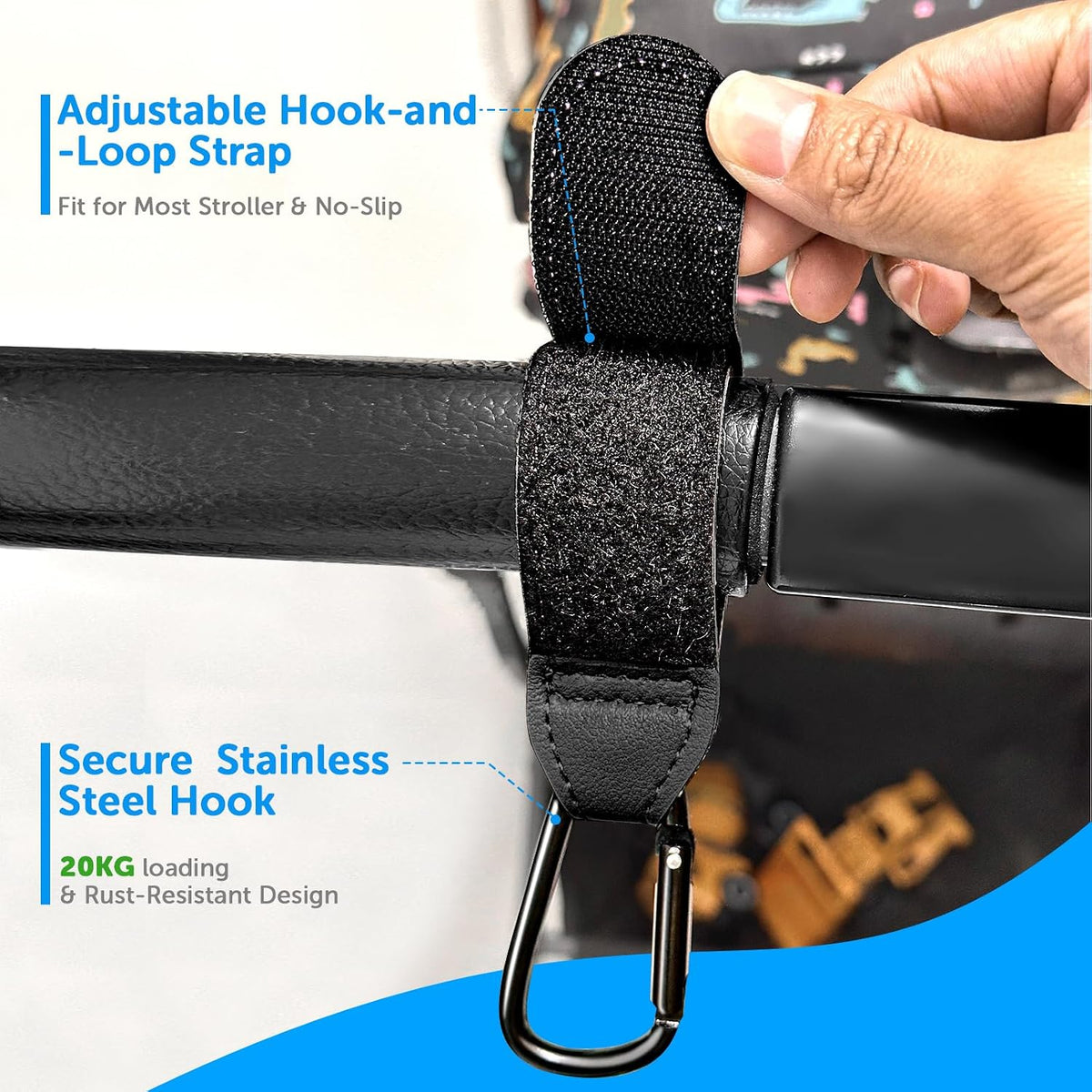 2pcs Buggy Clips for Changing Bag Handbag, Non-Slip PU Leather Pram Hook for Buggy Pram Rocker Stroller Pushchair Rollator Mobility Scooter Universal Accessories Baby Travel Essentials (Black）