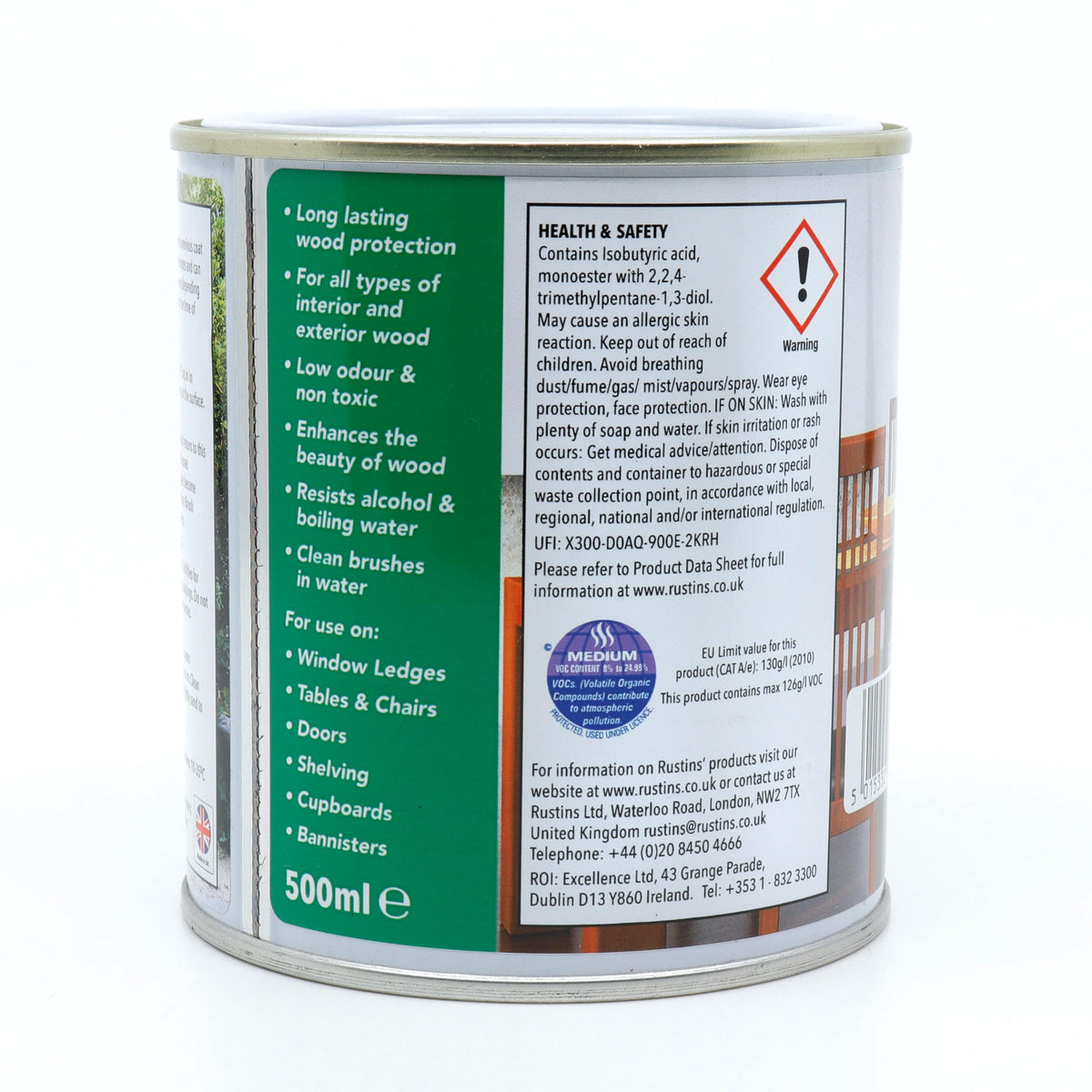RustinsQuick Dry Poly Varnish Satin Clear 500ml -Tough, Water-Based Clear Finish in Gloss, Matt or Satin; Durable Protection for Interior Wood, Furniture and Floors