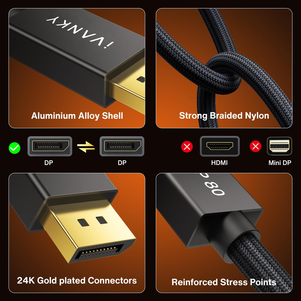 IVANKY VESA Certified DisplayPort Cable 2m DP to DP 4K@60Hz Gaming Monitor