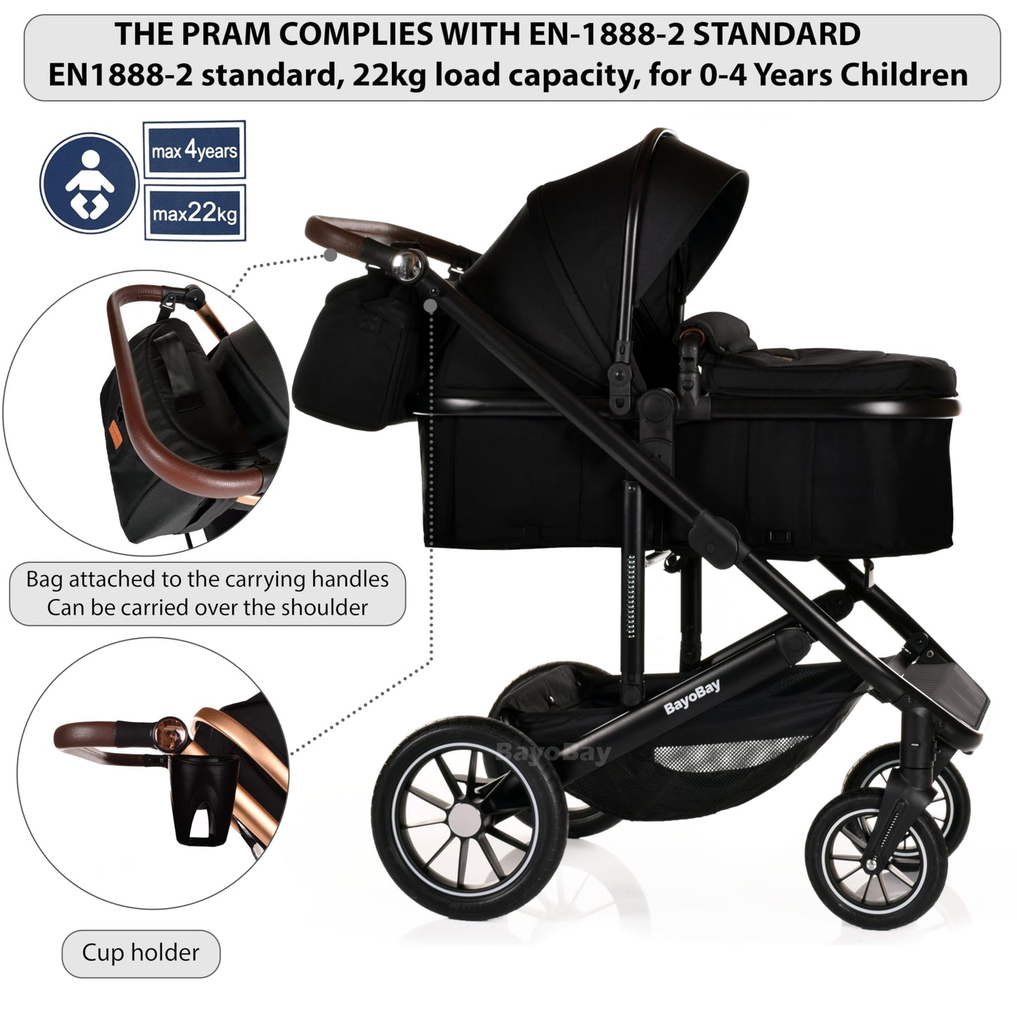 3 in 1 Baby Pram Travel System with Car Seat Lightweight Buggy Foldable Pushchair for Newborn and Toddlers up to 22kg NEW 2025 Style (Black - Gold)