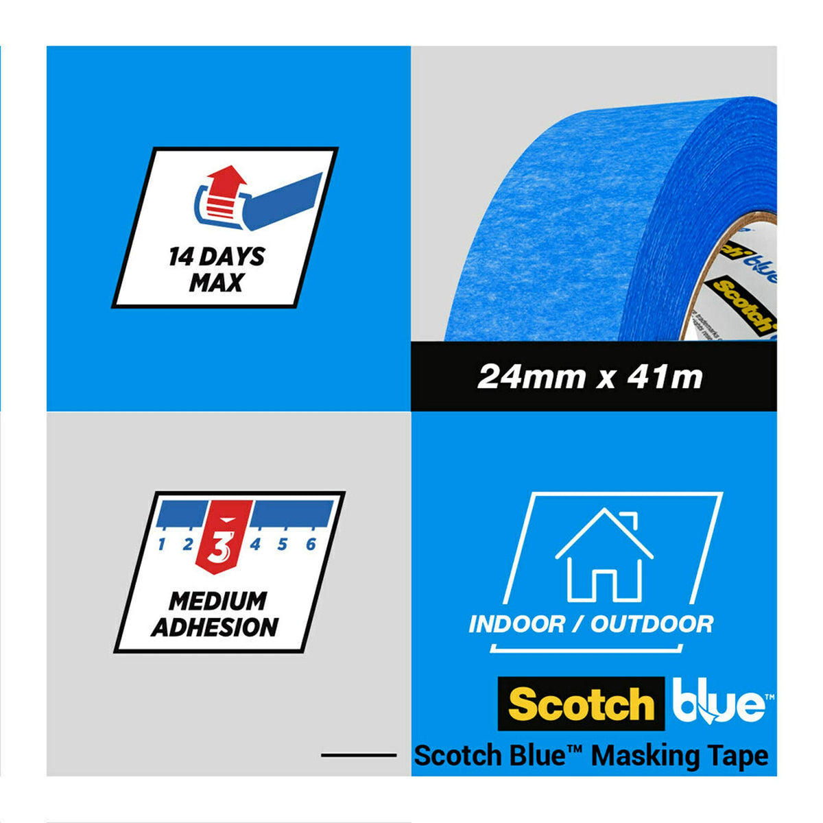 ScotchBlue Multi-Surface Premium Masking Tape, 24mm x 41m, 1 Roll/Pack - Scotch Adhesive Blue Painters Tape, For Painting and Decorating, Indoor & Outdoor, Sticks Well, 100% PEFC