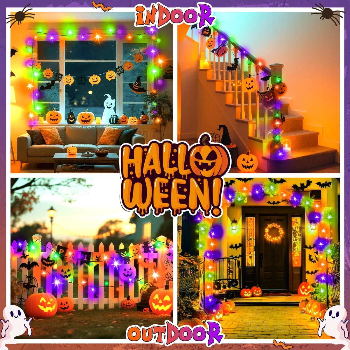 cshare Halloween Decorations Fairy Lights, 20Ft 60LED Orange-Purple USB/Battery String Lights with Timer Waterproof for Outdoor Indoor Autumn Fall Halloween Decorations-Green Wire