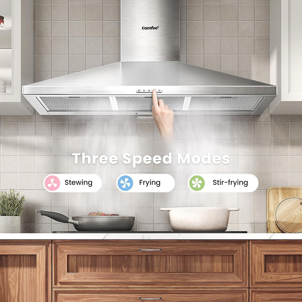 COMFEE' 90cm Chimney Cooker Hood, Class A++ Wall Mounted Kitchen Extractor