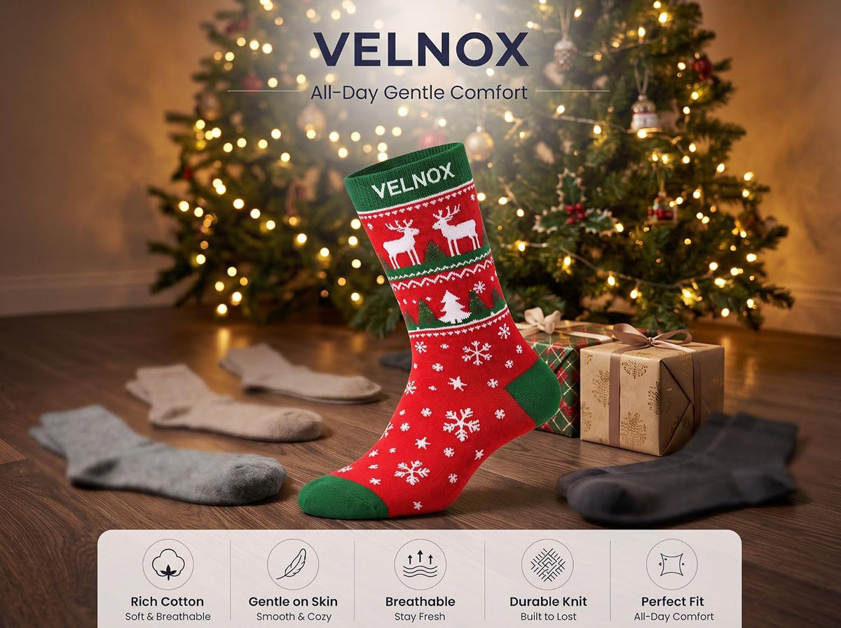 Christmas Socks for Men & Women, 6 Pairs, Festive Reindeer Cotton Crew