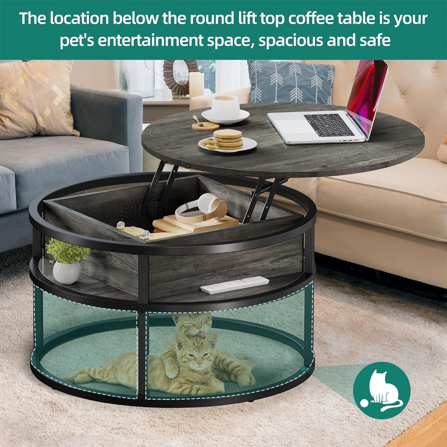 YITAHOME Coffee Table with Lift Top, lift up Coffee Table Round with Hidden Storage Compartment, 60x60x47cm