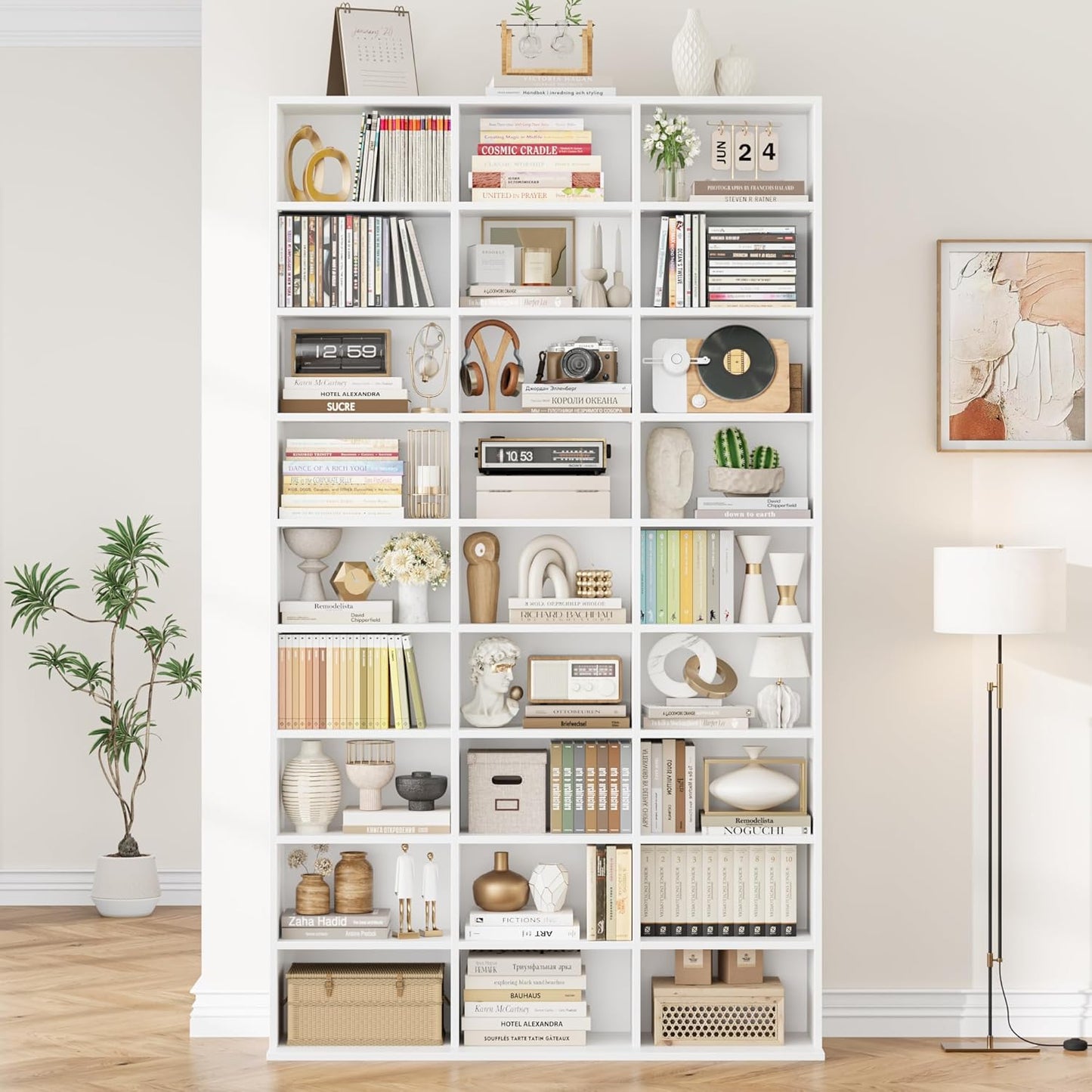 FirFurd Tall Bookcase CD DVD Storage Unit Tower Wooden Display Rack with Adjustble Shelves 27 Storage Compartments White Bookshelf 102.5x23.5x190cm