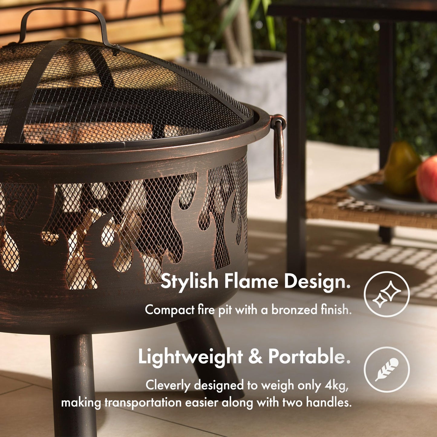 VonHaus Fire Pit – Firepit for Outdoor, Garden, Patio – Portable, Lightweight with Geometric Design, Brown Bronzed Steel, Fire Poker & Mesh Guard Included, Carry Handles – Use Wood or Charcoal to Fuel