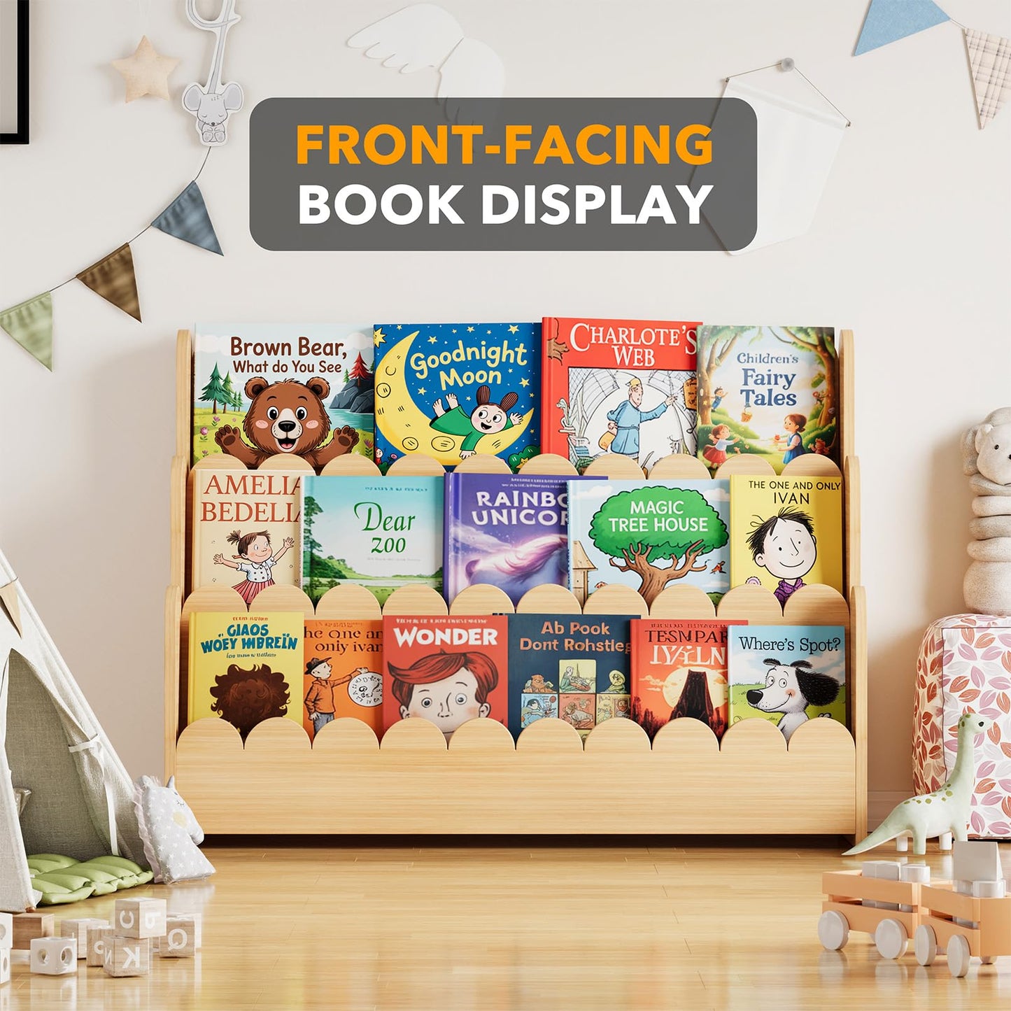 SpaceAid 3-Tier Scalloped Bookshelf, Montessori Bookcase for Toddlers, Wooden Book Shelf Organizer Display Furniture for Kids Rooms, Playroom, Nursery and Classroom, Natural