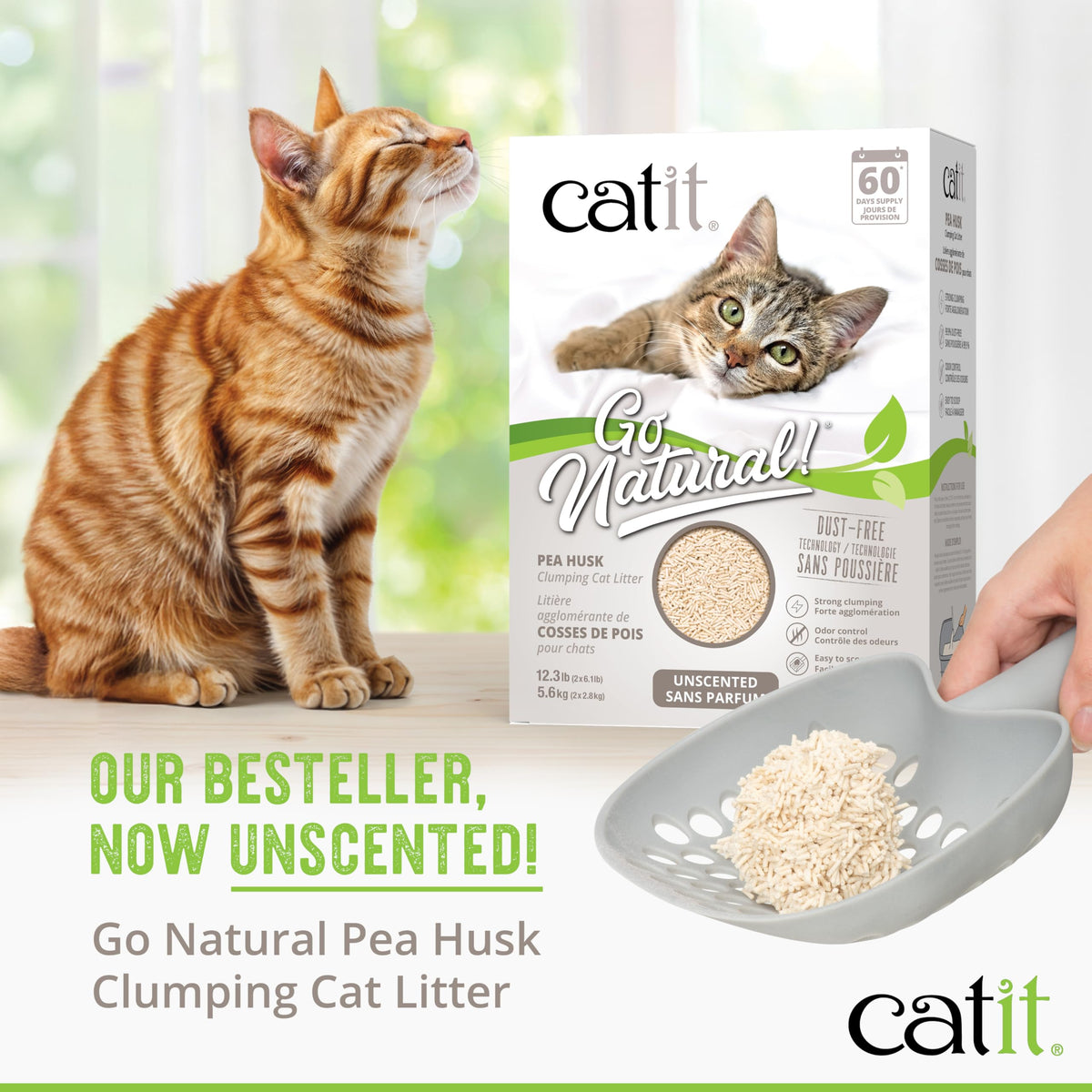 Catit Go Natural Vanilla Scented Pea Husk Clumping Cat Litter, Deodorising, 99.9% Dust-Free, Fast Clumping Cat Litter, Plant-Based Litter for Cats & Kittens, 5.6kg (2 x 2.8kg)