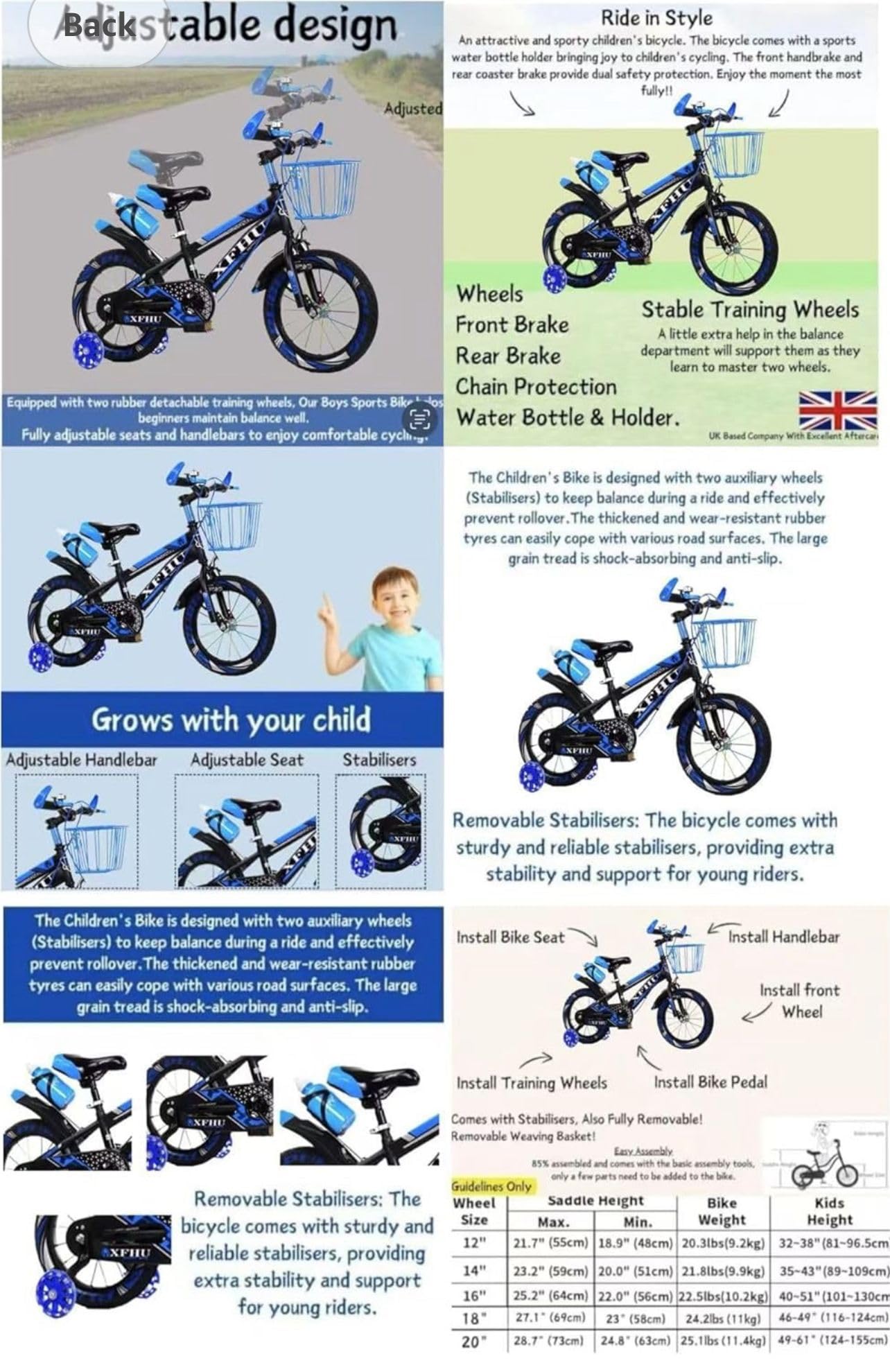 Kids Boys Bike 20" with Stabilisers, Basket, Bell & Water Bottle — Adjustable Seat & Handlebars