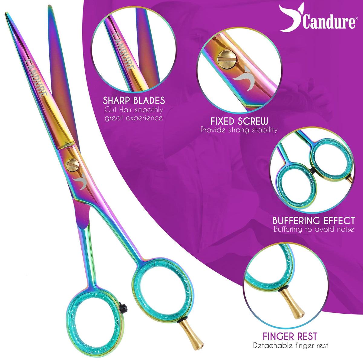 Candure Hairdressing Scissor with Comb & Leather Pouch 6.5" - Hair Scissor for Professional Hairdressers, Barbers Stainless Steel Hair Cutting Shears for Salon, Men, Women, Children and Adults Black
