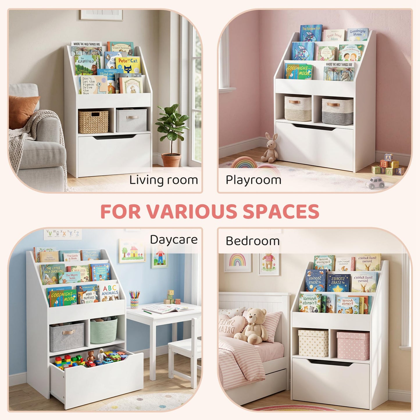HOMCOM Kids Bookshelf with Moveable Drawer, Montessori-Inspired Children's Bookcase with Wheels, Toy Organiser for Bedroom, Playroom - White