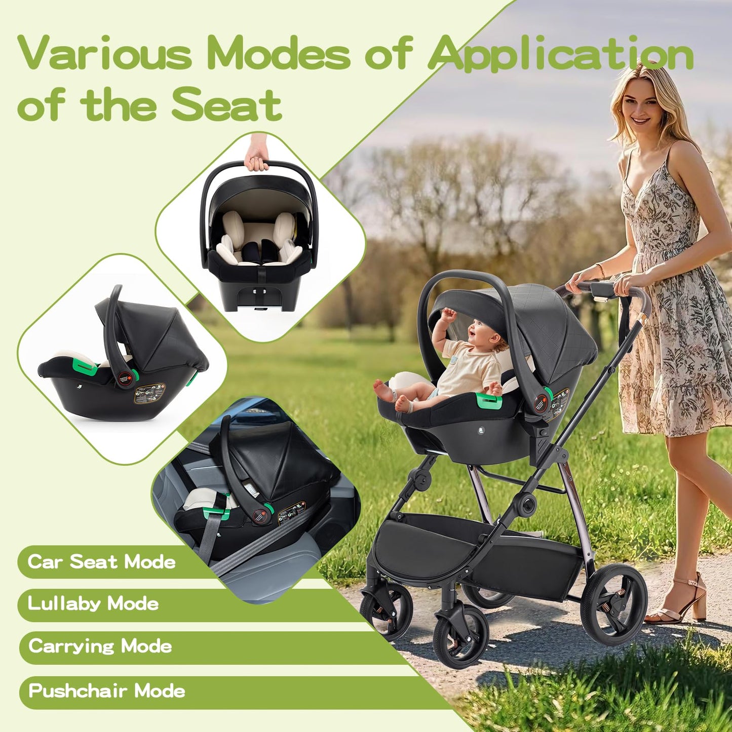 Baby Stroller 3 in 1,Travel Pushchair's Lie-Flat Pram is Foldable, Stroller System Handle is Adjustable, The Wheels are Made of PU Material, Suitable for 0-3 Years-Khaki