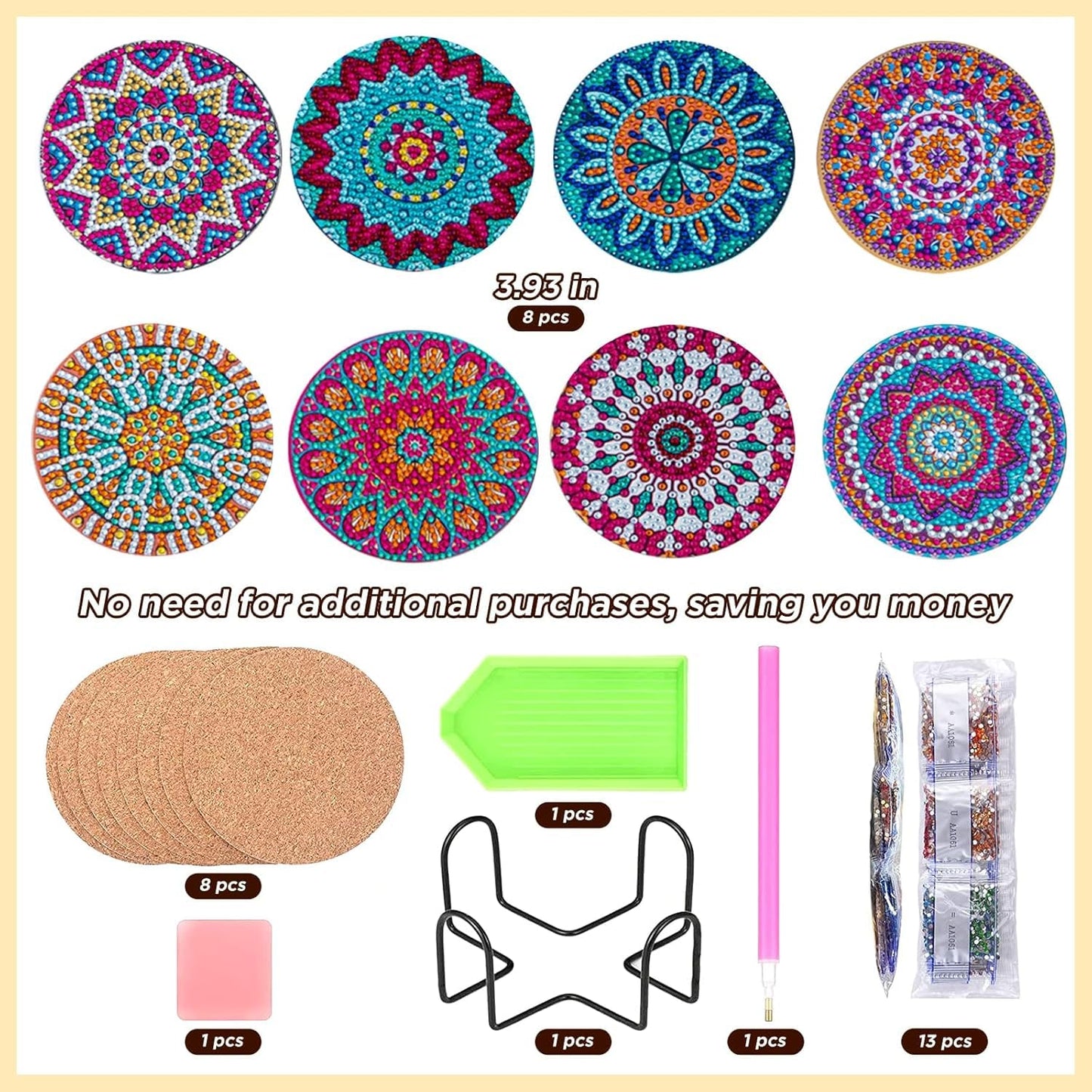 8 Pcs Flowers Diamond Art Coasters Kits for Adults Begainners,Full Drill Diamond Painting Coasters Kit with Holder,DIY Gem Painting Craft Kits for Adults Supplies Gift (Flowers).