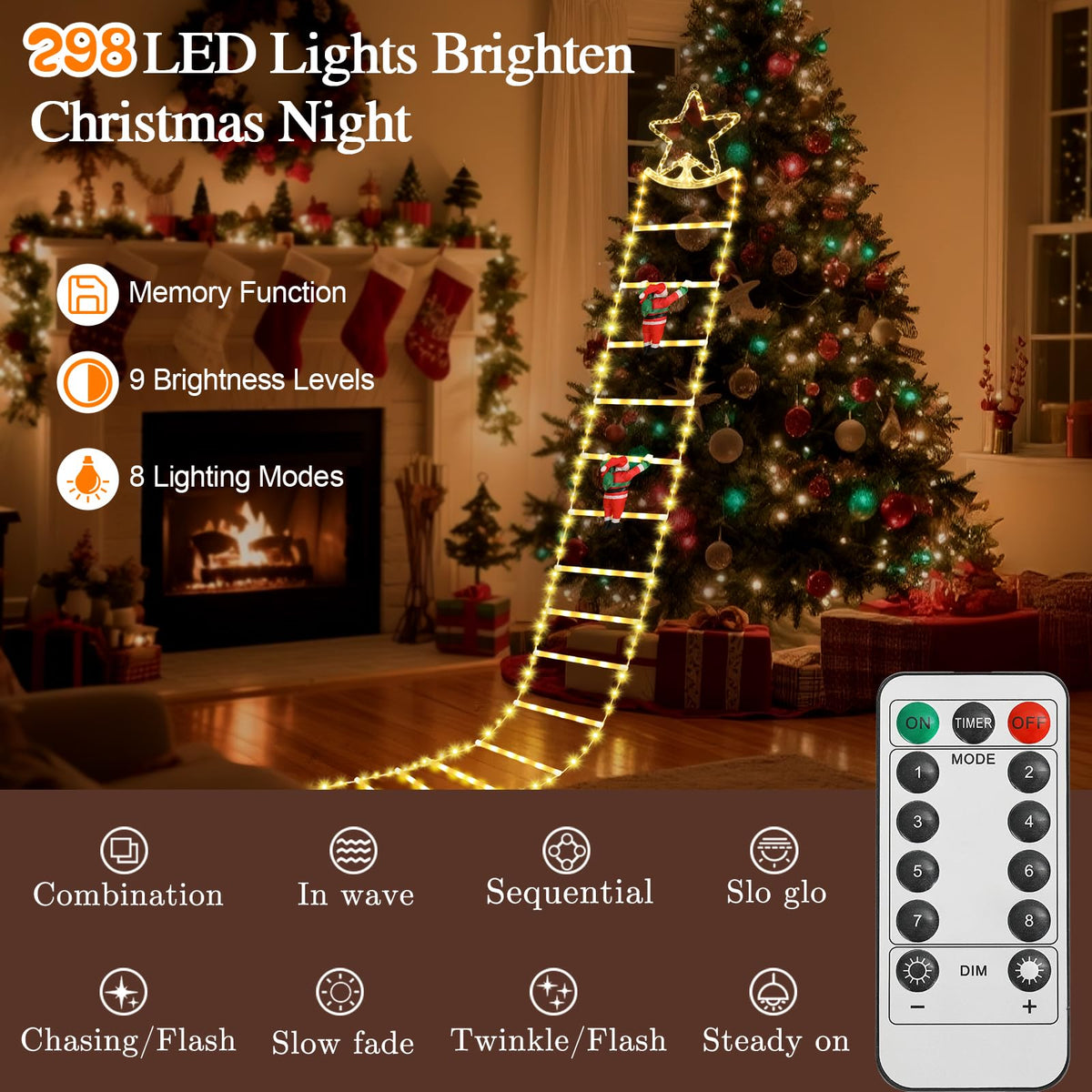 Lewondr 10ft Christmas Ladder Lights with 2 Santa Ladder Climbing, Colorful