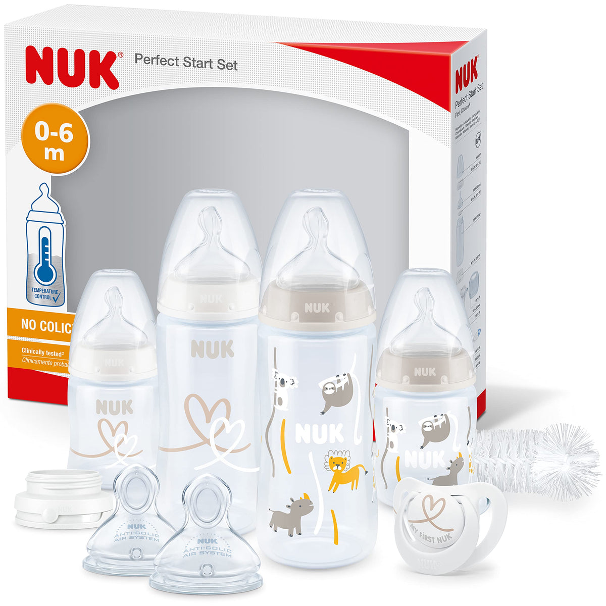 NUK First Choice+ Baby Bottles Set | 0-6 Months | Temperature Control | Anti Colic Vent | 300 ml | BPA-Free | Silicone Teat | 3 Count | Safari