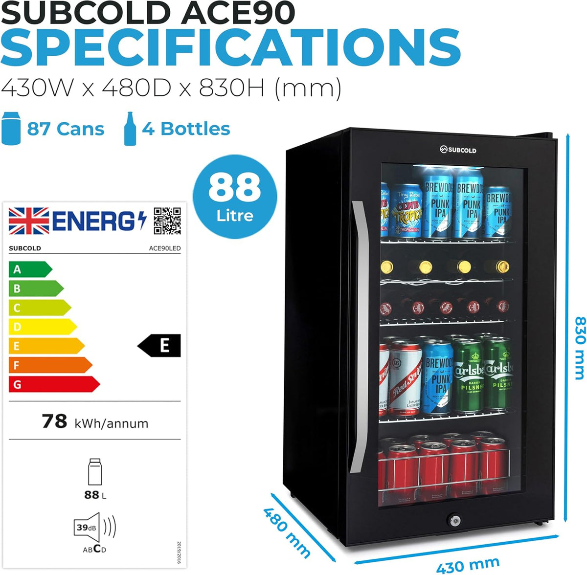 Subcold Ace90 LED Touch Control Beer Fridge With Glass Door | Premium Drinks & Wine Fridge | Black Alu Handle, Auto Defrost, Lockable | 91 Cans | Ideal for Home Bar Undercounter