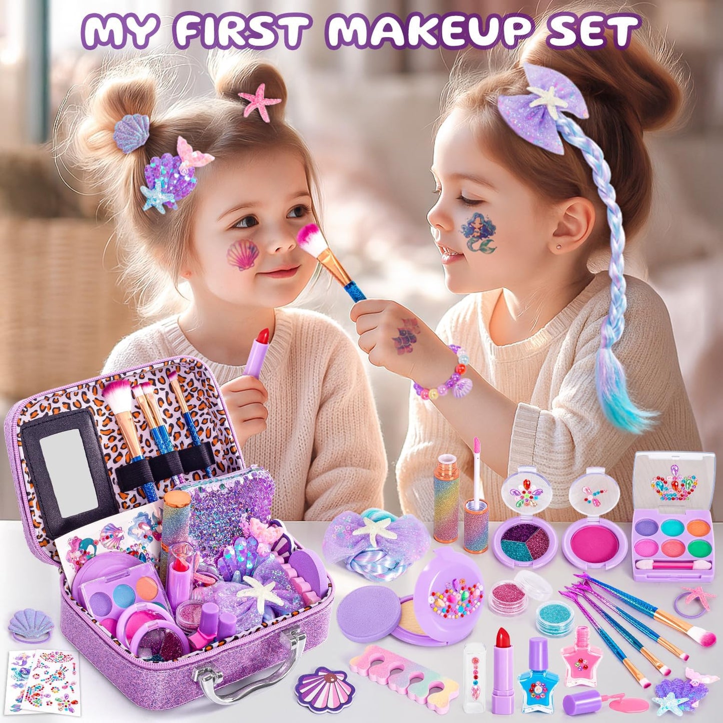 Hohosunlar Kids Makeup for Toddlers Toys, Washable Make Up Set Non-Toxic Toys for Girls with Purse, Princess Pretend Play Hair & Nail Polish Accessories, Christmas Birthday Gift Toys for Girls 3+