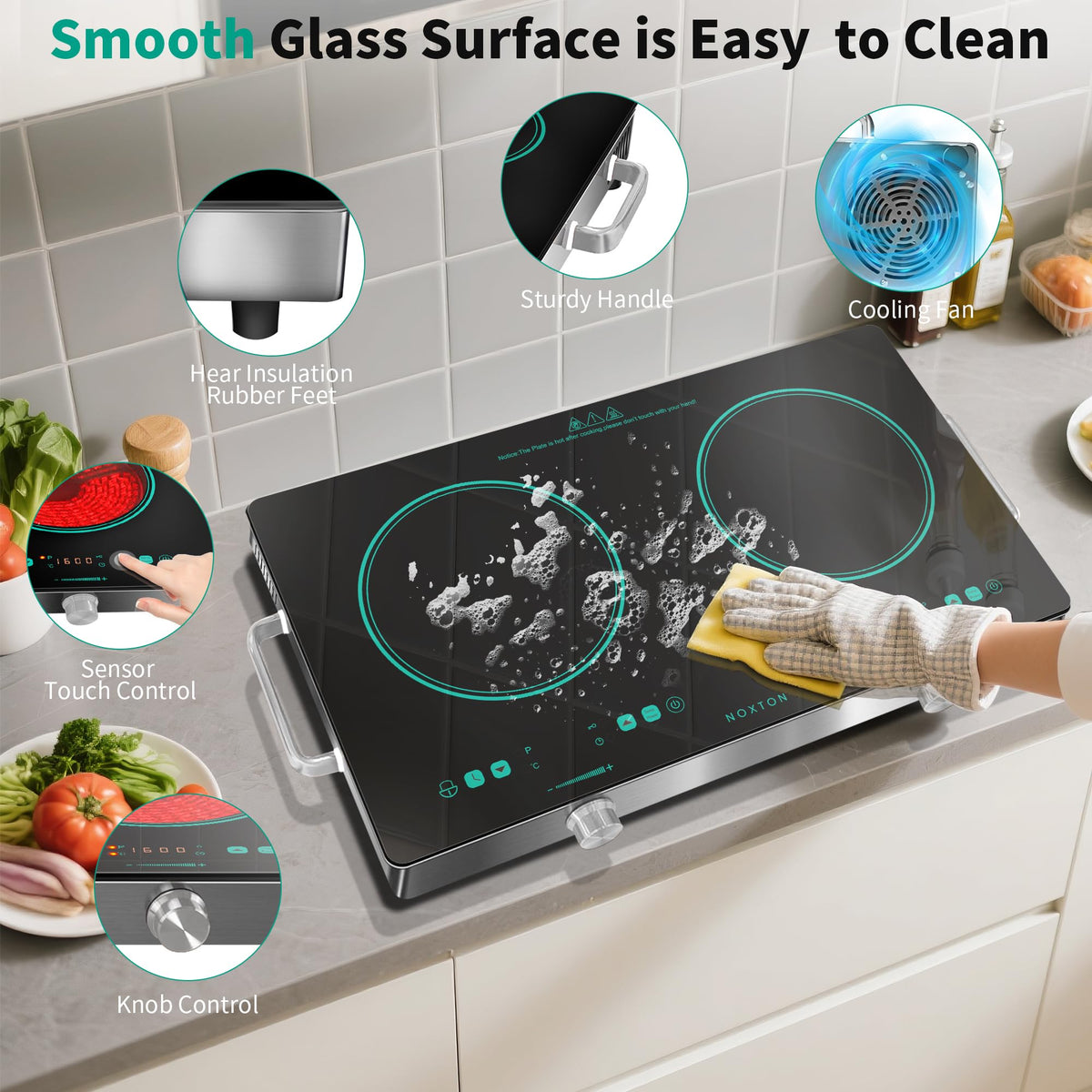 Noxton 2 Zone Ceramic Hob 30cm Electric Hob with Timer, Safe Lock, Pause Coutertop Use Hob with 13AMP Plug 2800W