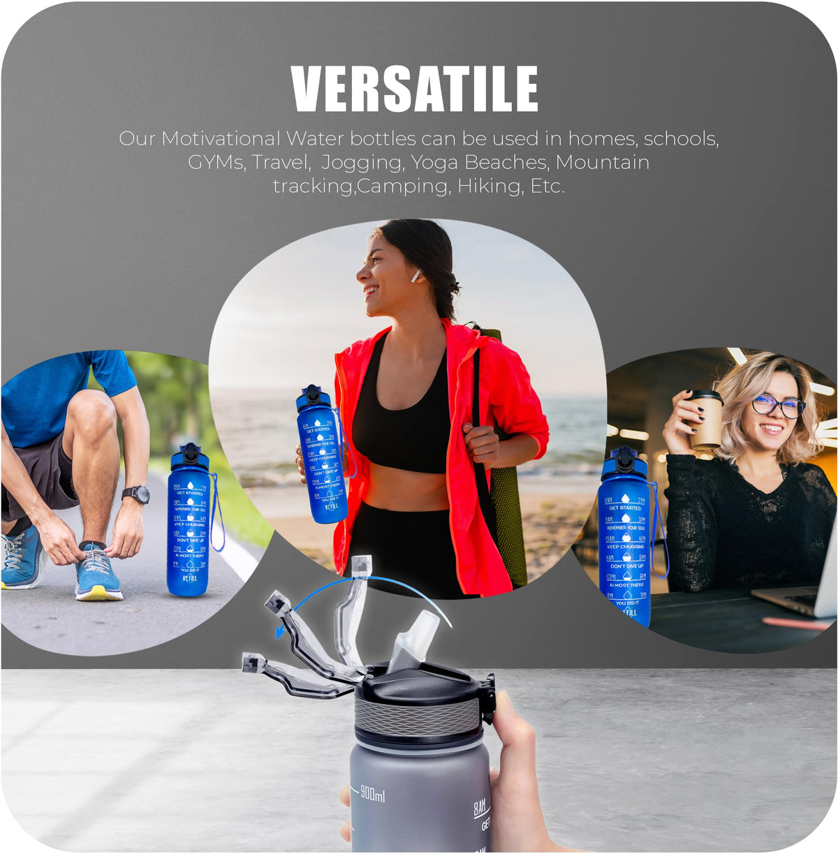 Roe Tenpo Sports Water Bottle with Straw and Time Marking, and 32OZ Capacity - Motivational and Eco-Friendly BPA-Free Bottle for Running, Gym, Yoga, Outdoors, and Camping (Style-1, Black)