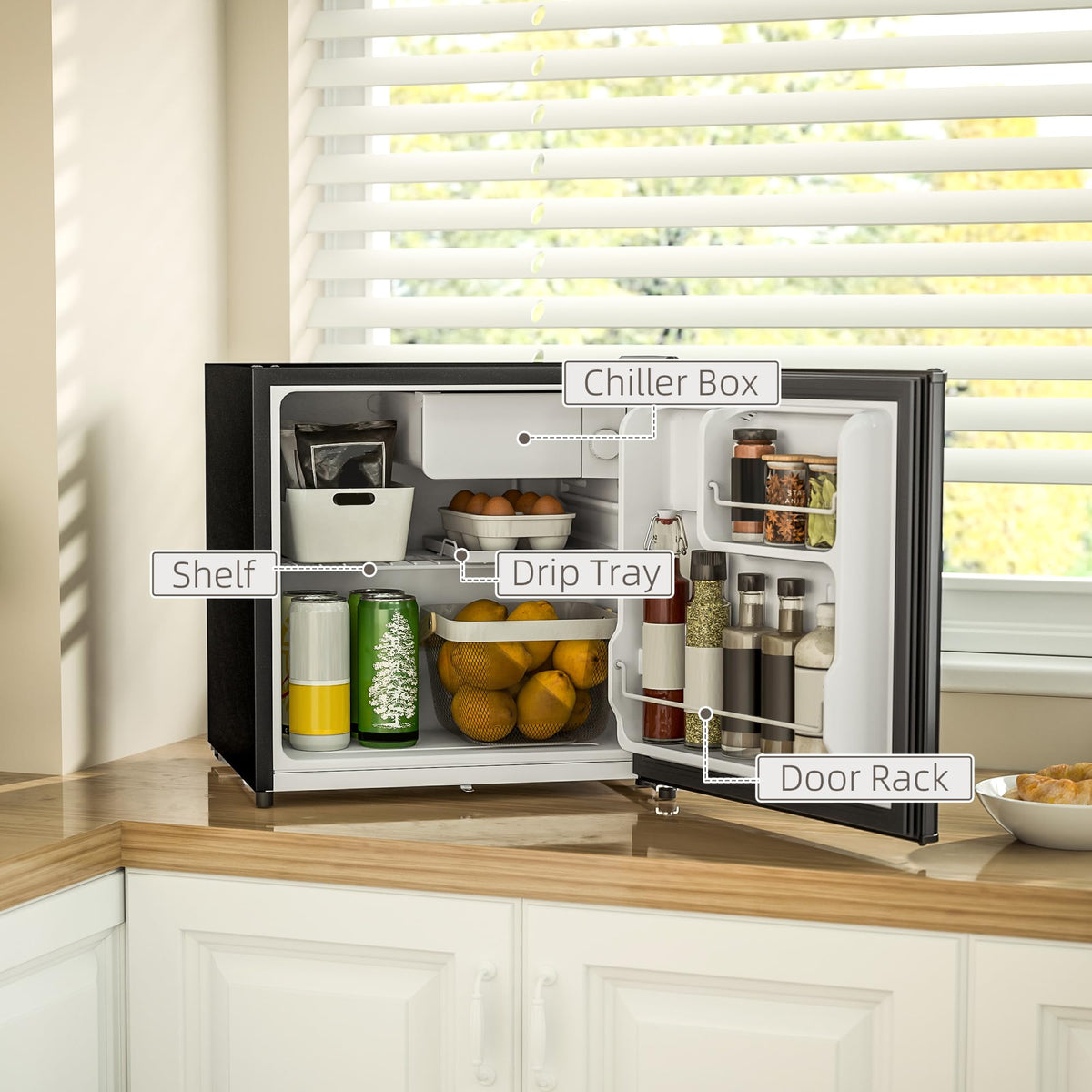 HOMCOM 46L Table Top Mini Fridge with Ice Box, Reversible Door, Cream