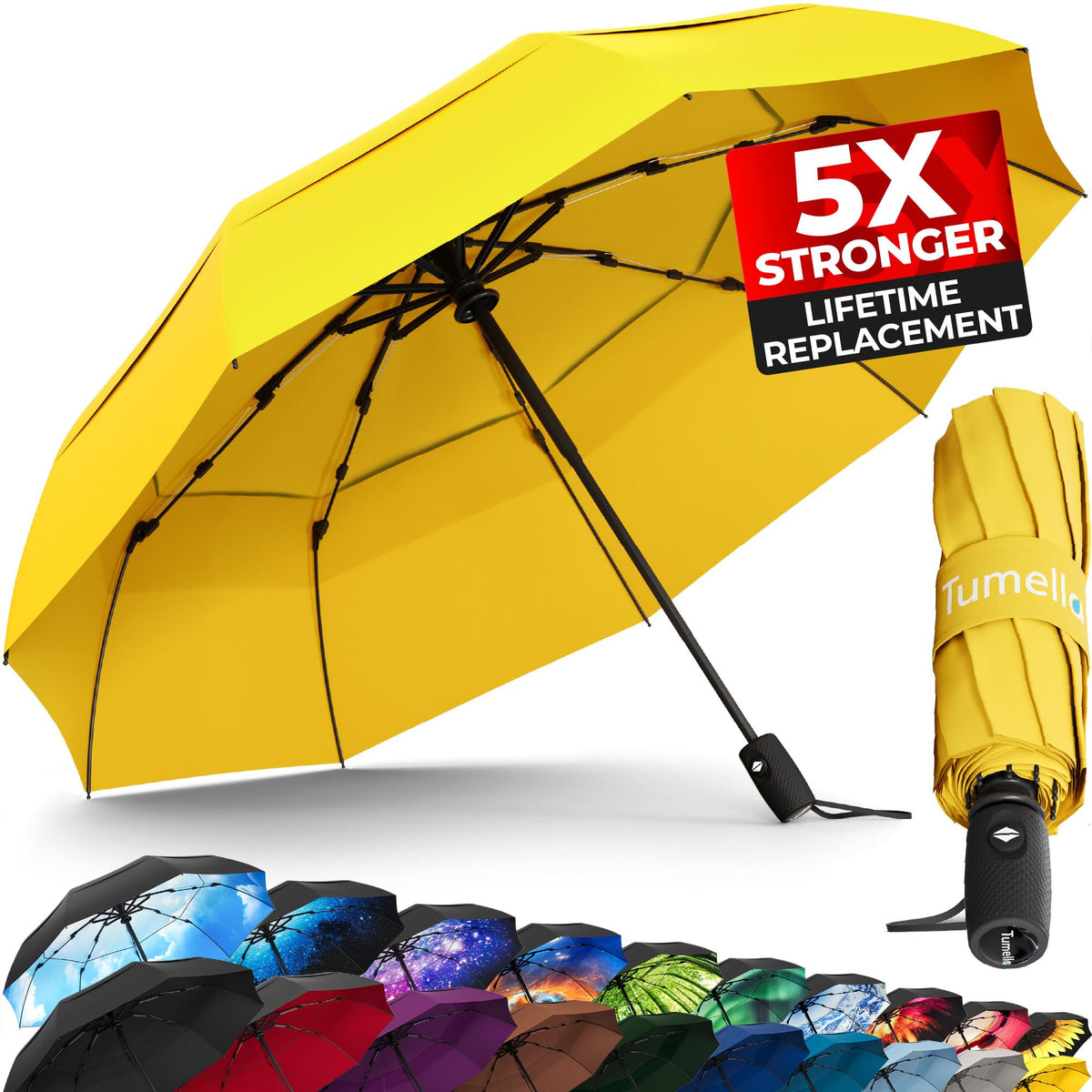 TUMELLA Strongest Windproof Travel Umbrella (Compact, 100MPH Wind-Tested)