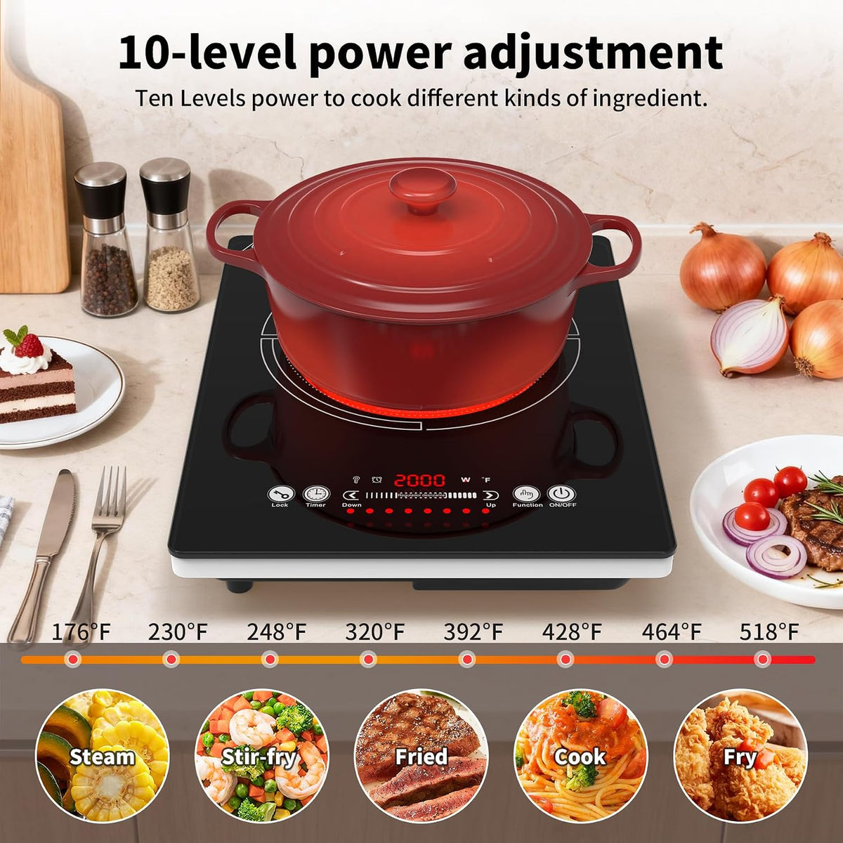 GIHETKUT single electric hob,220V 2000W Electric Hob with LED Touch Control,10 Power Levels, 4H Timer, Safety Lock,portable single burner hob Overheat protection
