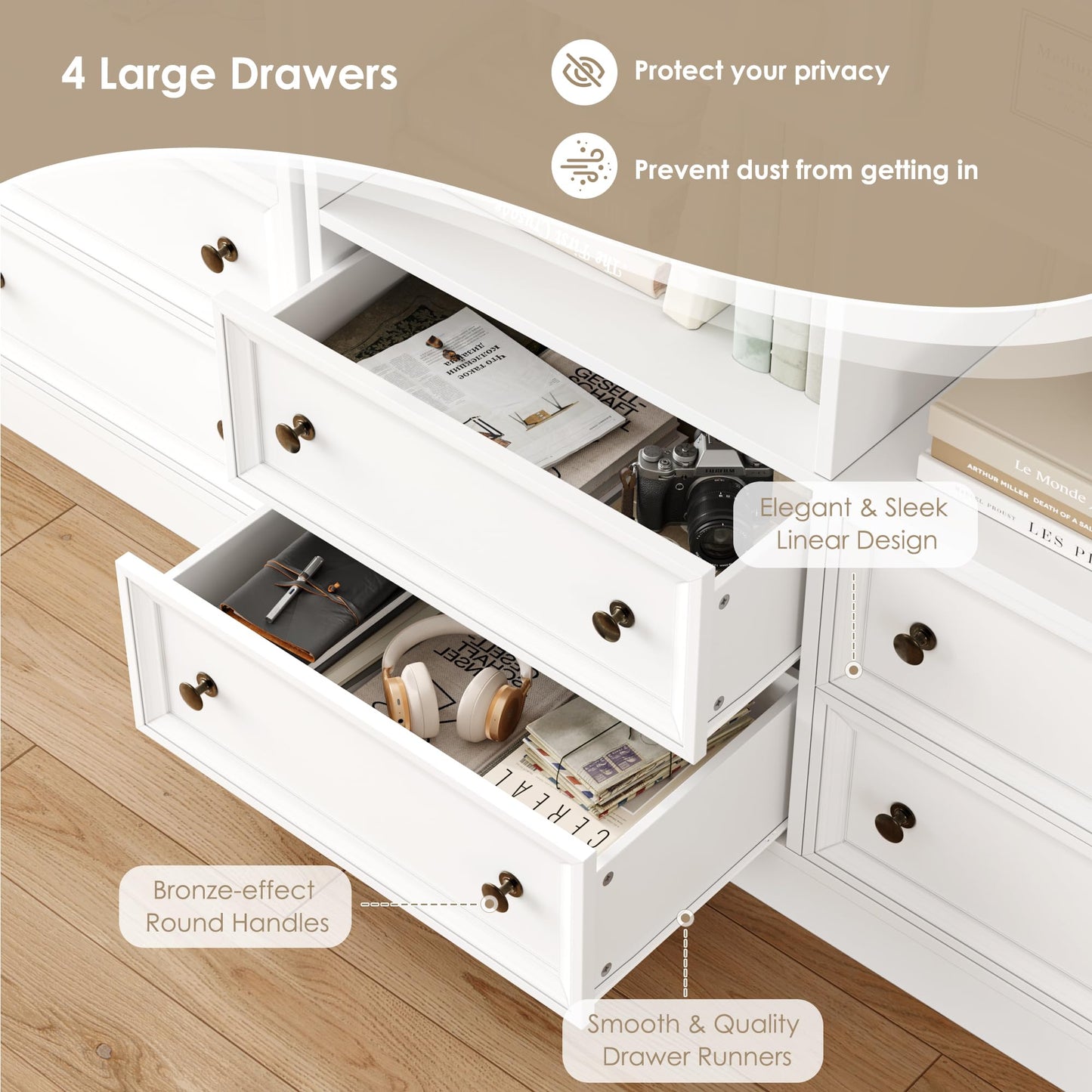 FirFurd Bookcase 180cm Tall Bookshelf with Drawers Living Room Bookcase 8 Open Compartments Free Standing Display Shelf Tall Shelving Unit for Home Office 180x100x30cm White