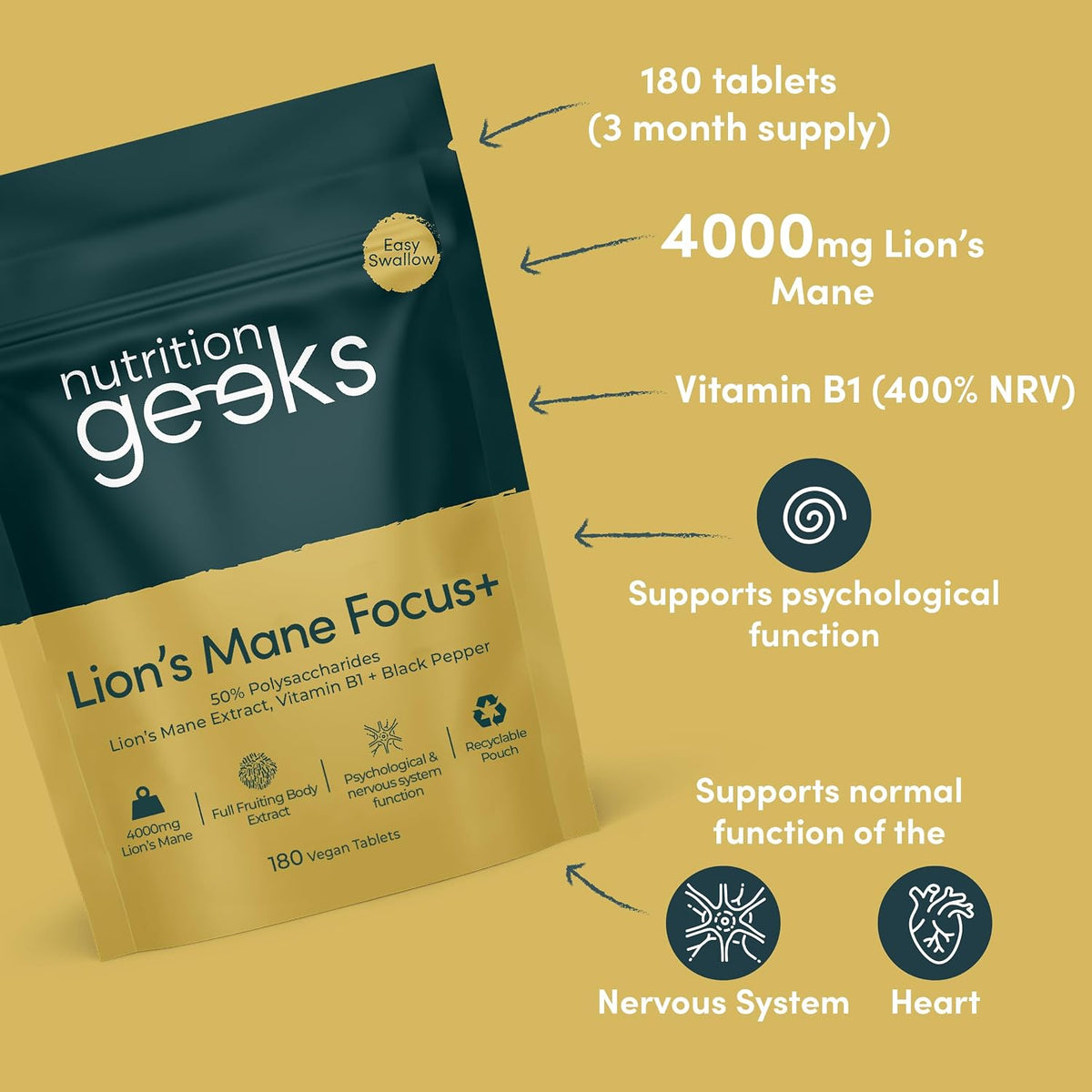 Lions Mane Supplement 4000mg with Vitamin B1 & Black Pepper, 180 Vegan Tablets - Lion's Mane Mushroom 15:1 Extract (Not Lions Mane Powder or Capsules), UK Made for Mental Performance & Nervous System