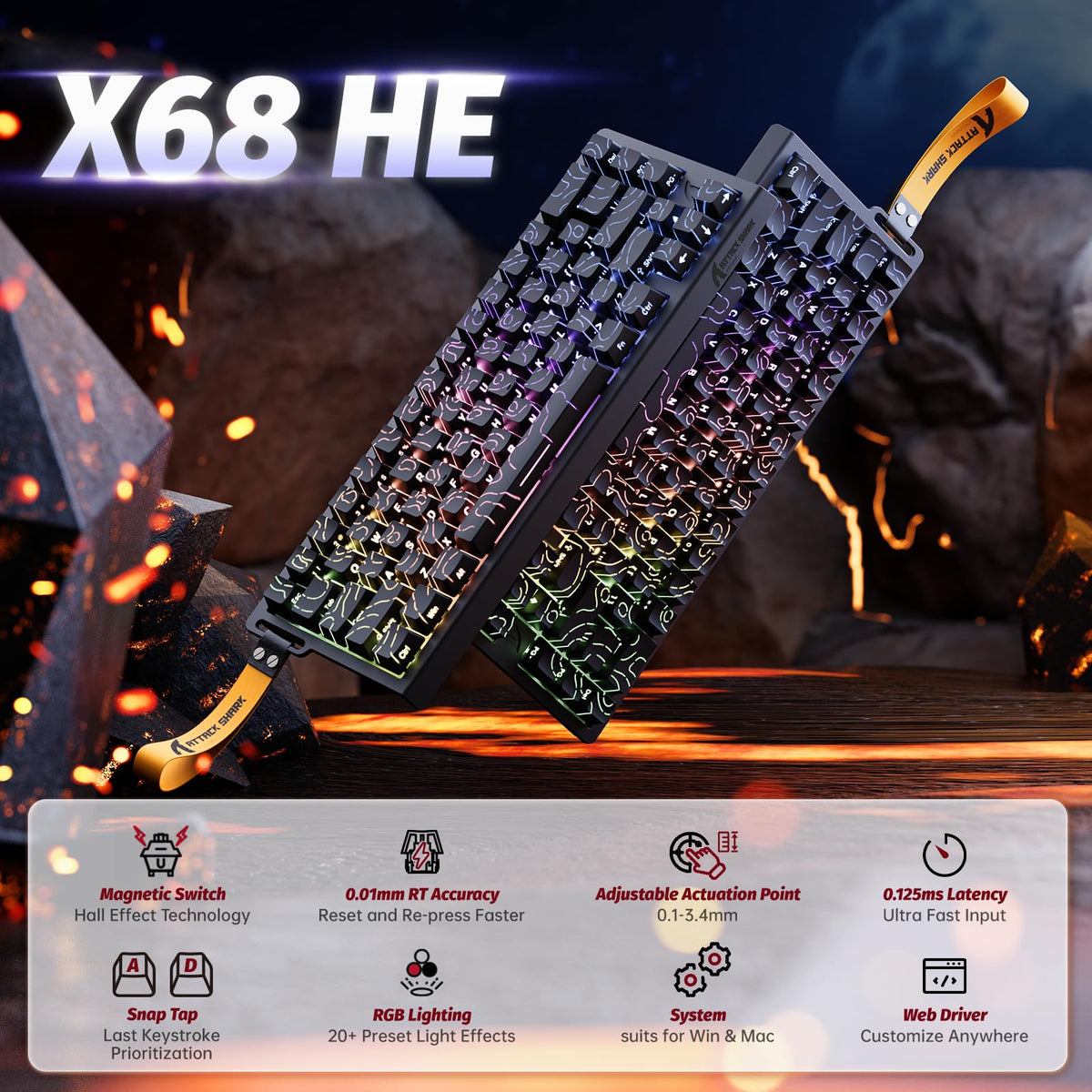 ATTACK SHARK X68 HE 8000Hz Rapid Trigger Keyboard, 0.01mm RT Accuracy Wired Gaming Keyboard with Magnetic Switch, Adjustable Actuation, Rapid Trigger, Snap Tap, RGB Lighting for PC/Mac, Black